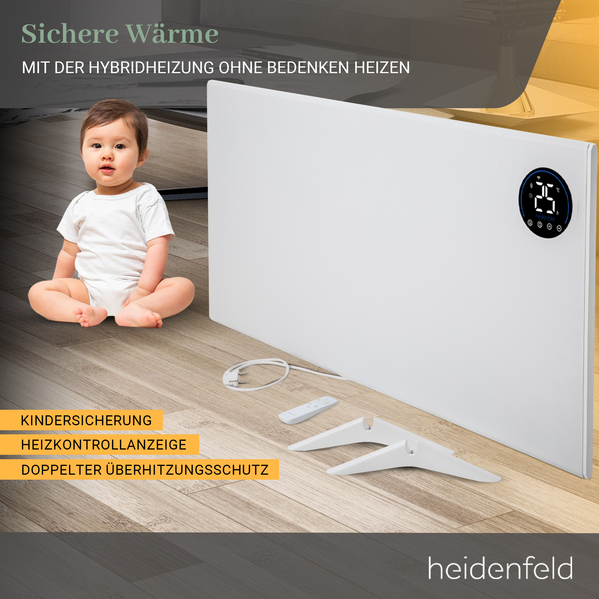 Baby neben weißer Heizung mit Digitalanzeige, mit Text zu Sicherheit und Funktionen.