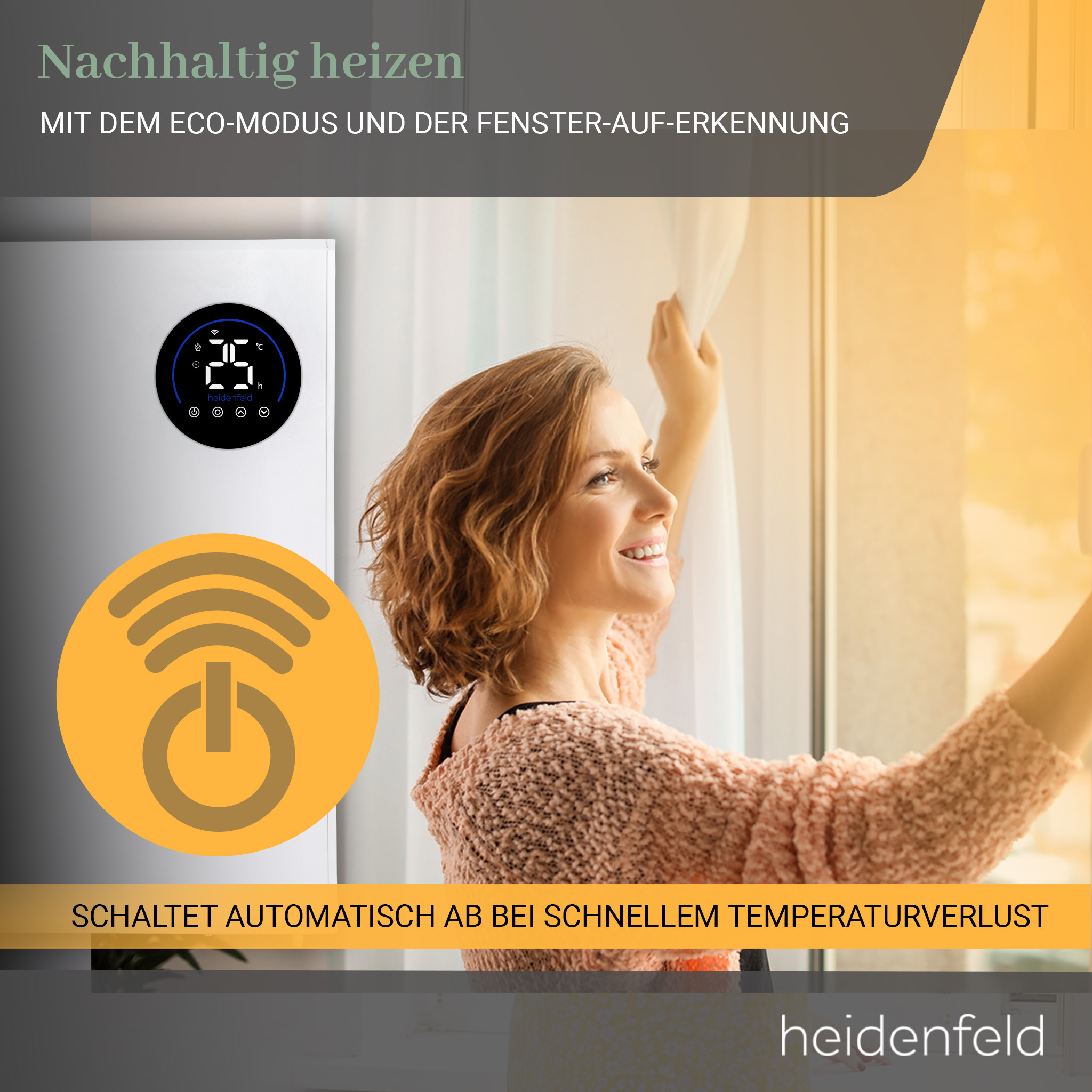 Frau öffnet Vorhänge neben einem Smart-Heizgerät mit Text über Eco-Modus und Temperatur.