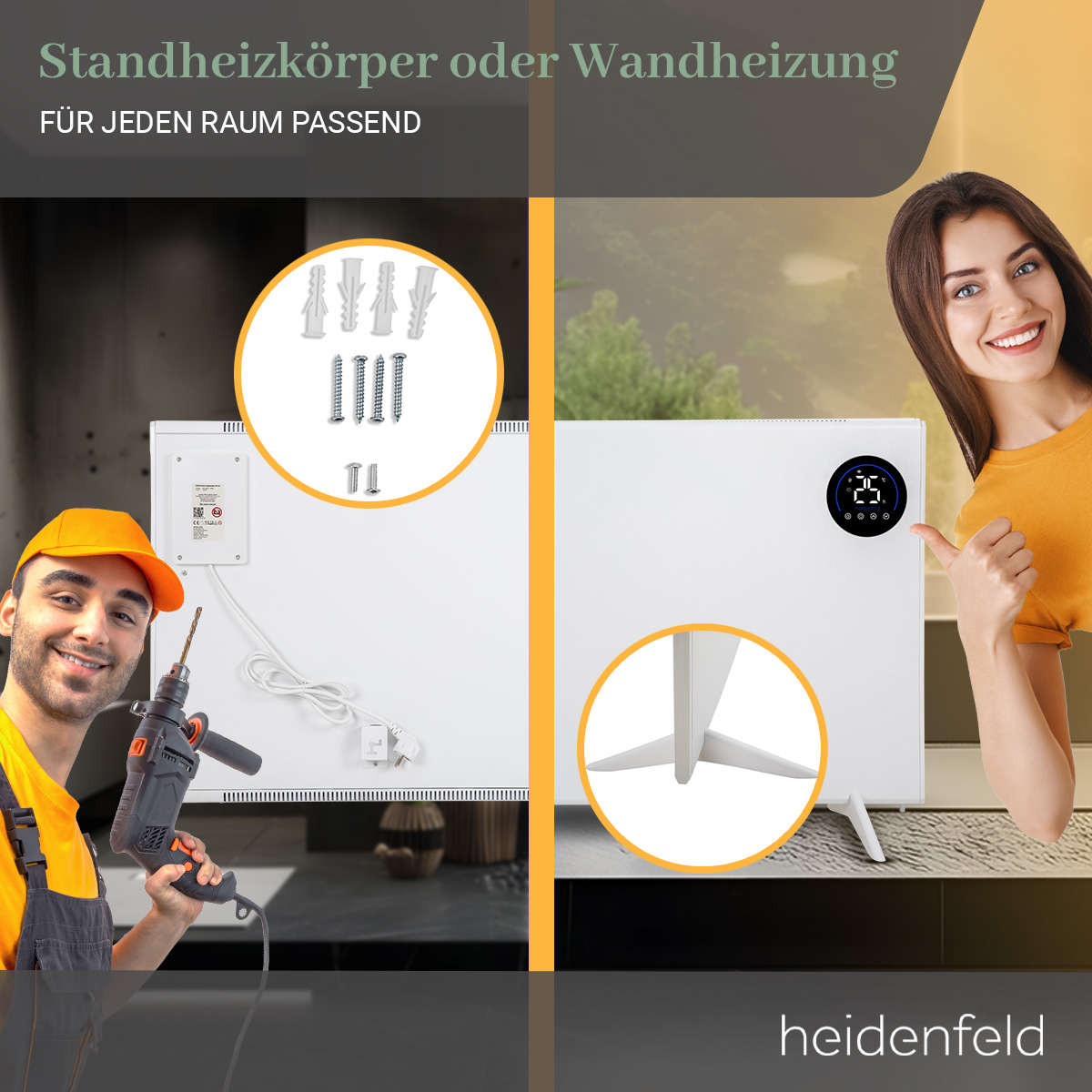 Zwei Arbeiter installieren eine weiße Heizung, einer bohrt, der andere lächelt, mit Digitalanzeige.