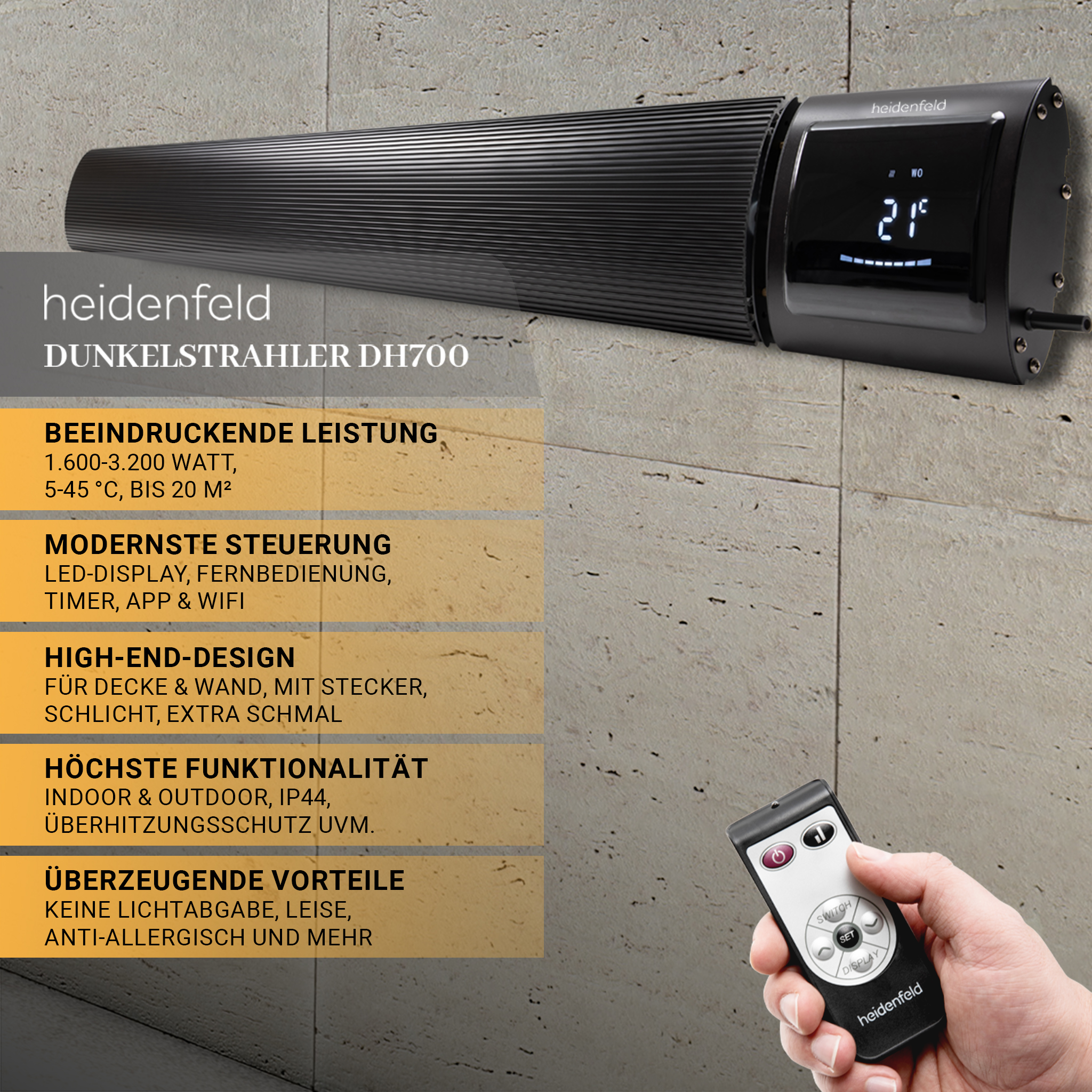 Schwarzer Heizkörper mit Display und Fernbedienung, mit Text zur Beschreibung von Funktionen und Design.