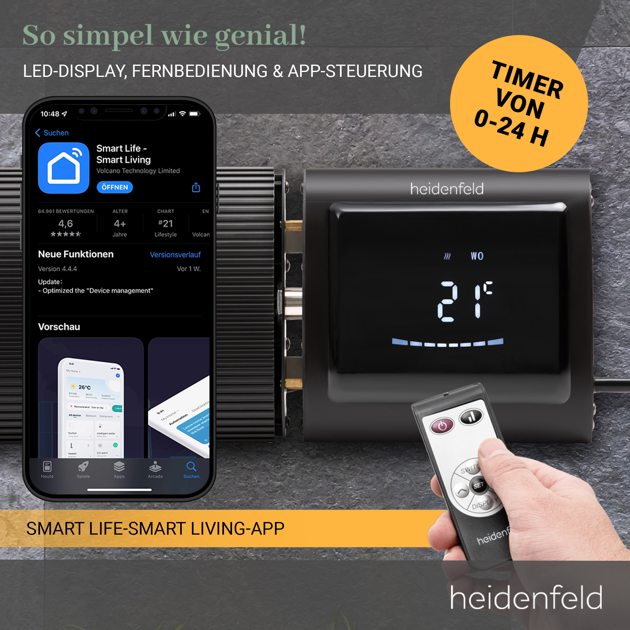 Ein Smart Home Gerät mit Bildschirm, App und Fernbedienung. Text auf dem Bildschirm: 21F und Marke Heidenfeld.