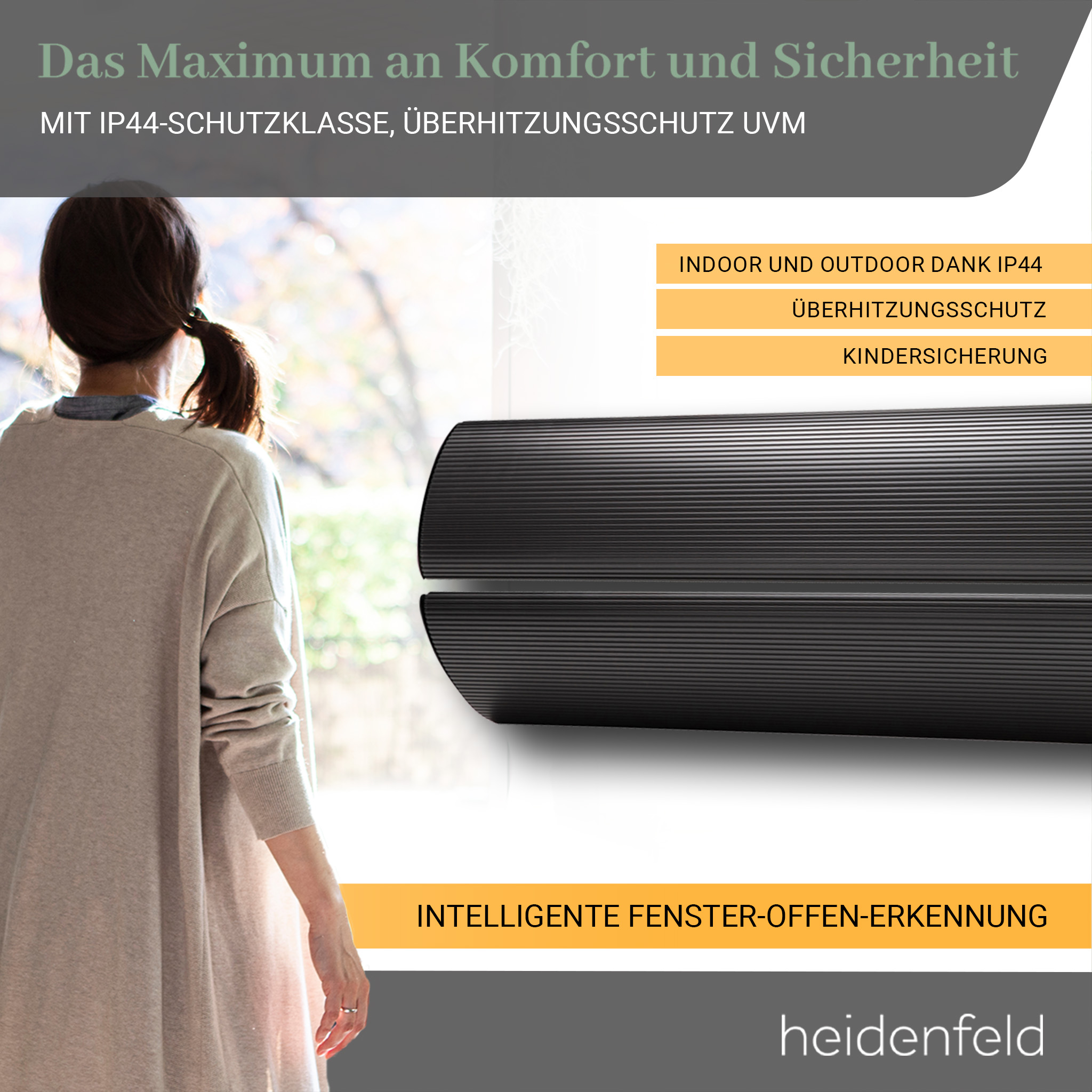 Frau mit Pferdeschwanz betrachtet schwarzes Klimagerät an der Wand mit Text.