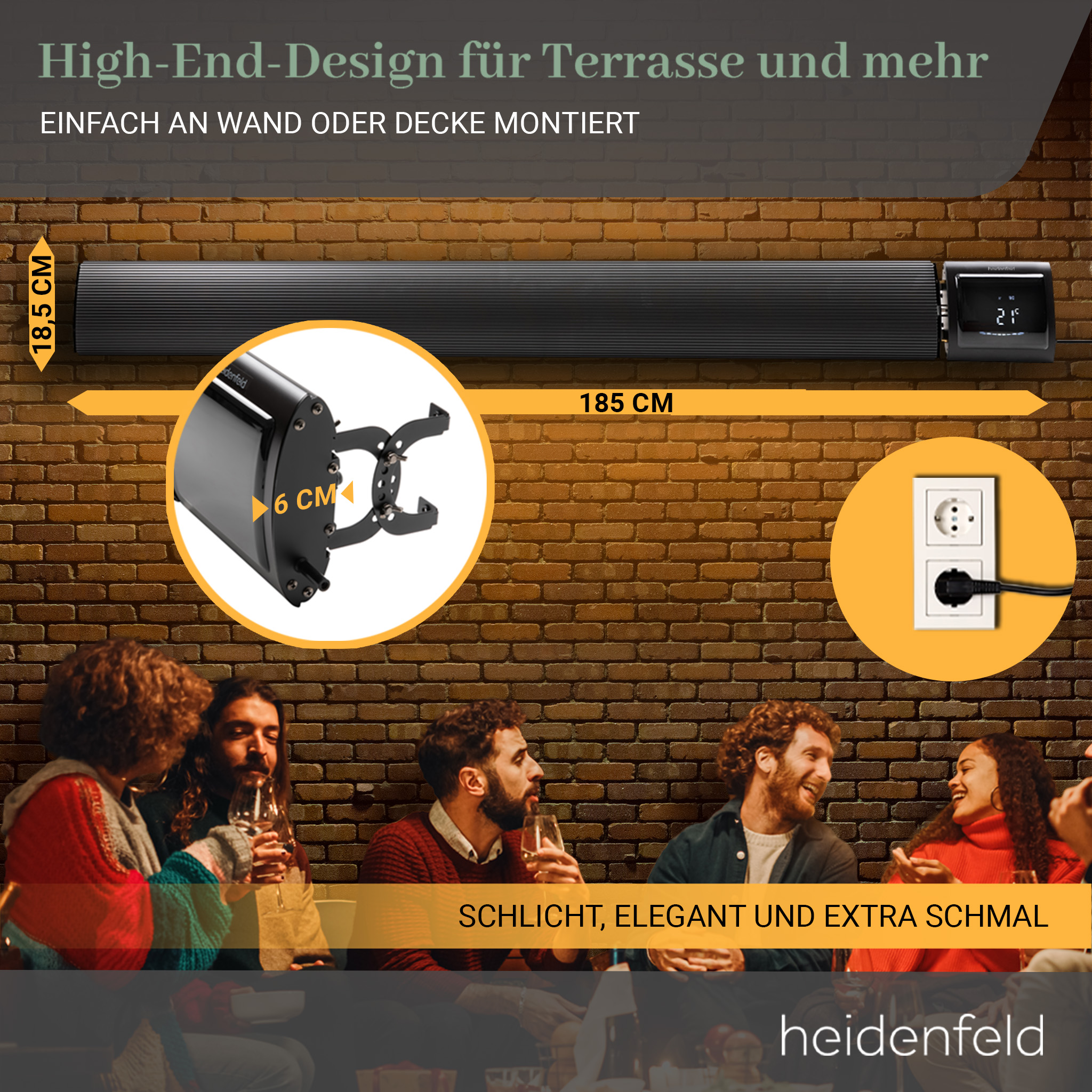 Schwarzer Außenheizer mit Digitalanzeige, montiert an einer Ziegelmauer.