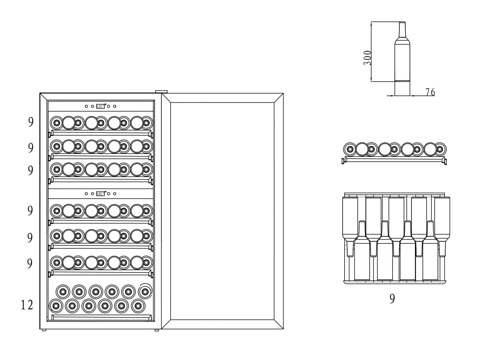 Weinkühlschrank mit Flaschen im Inneren sowie Maßzeichnungen einer Flasche und der Regale.