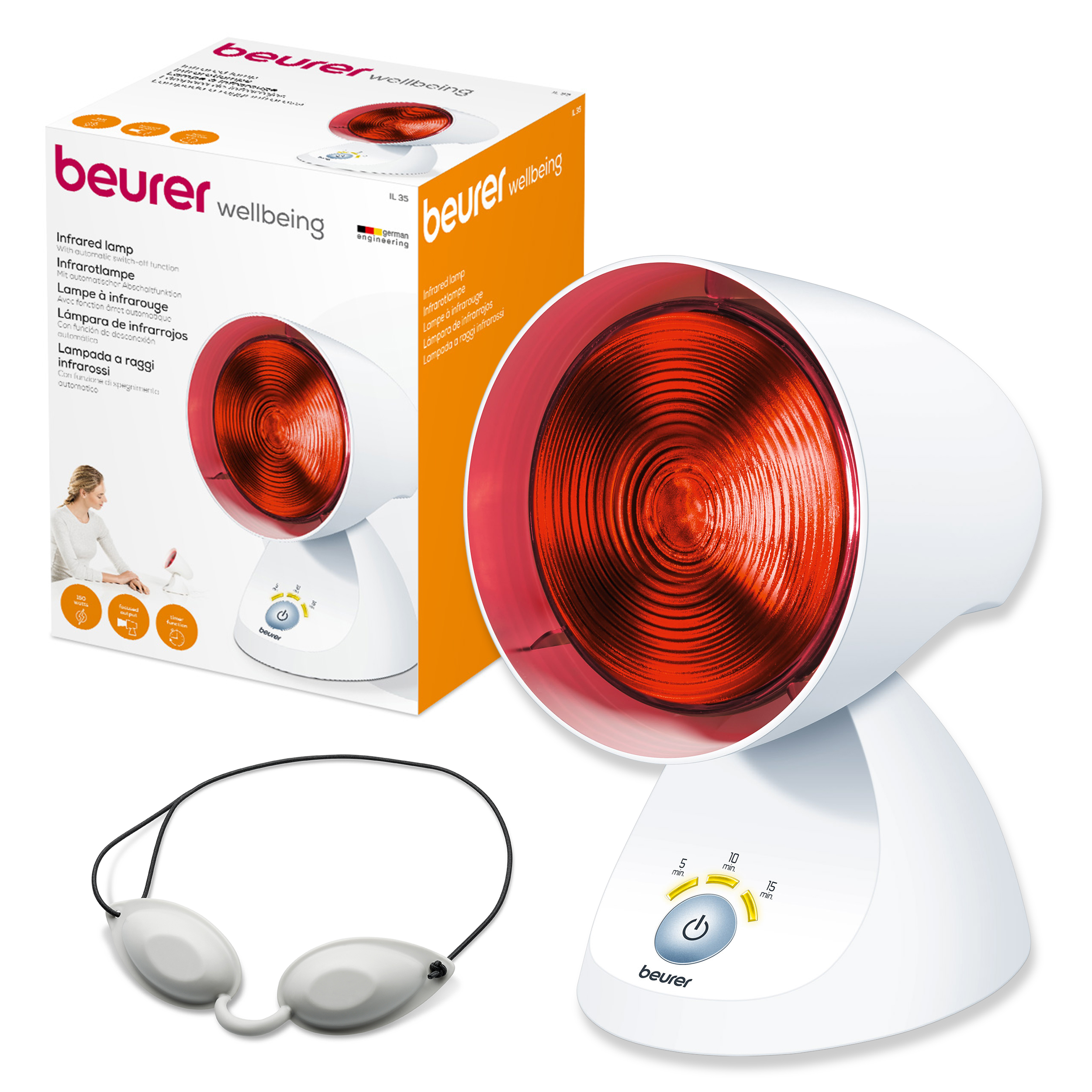 Lámpara infrarroja con caja, gafas y diagrama. Lámpara blanca con luz roja y correa negra.