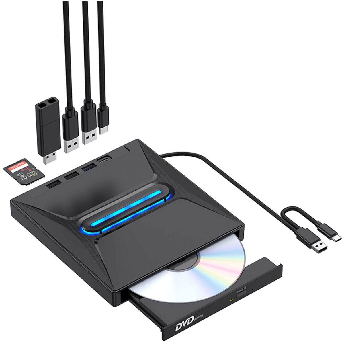 Schwarzes DVD/CD-Laufwerk mit einer Disc im Inneren. Es hat verschiedene USB-Anschlüsse und Kabelanschlüsse.