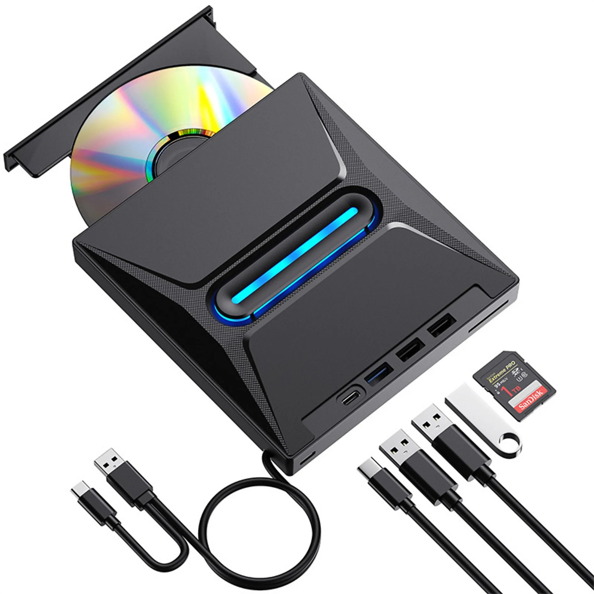 Schwarzer DVD-Player mit CD und mehreren USB-Kabeln und -Laufwerken.