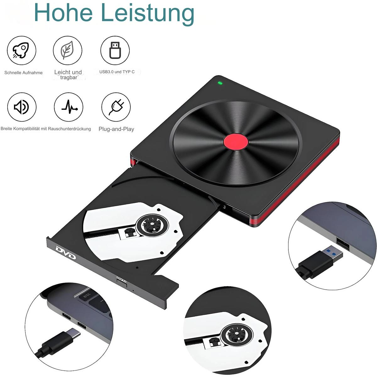 Schwarzes und rotes externes DVD-Laufwerk mit geöffnetem silbernen Disc-Fach.