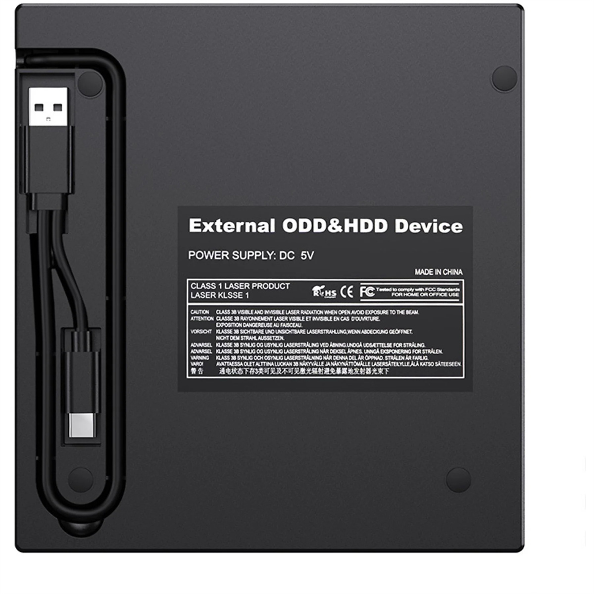 Die Rückseite eines externen ODD- und HDD-Geräts mit Anschlüssen und einem Warnhinweis.