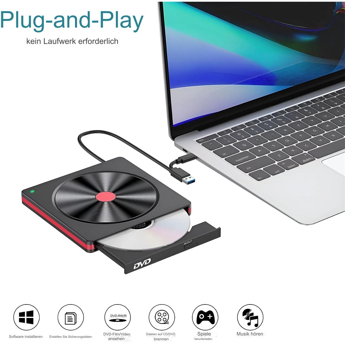 Ein schwarzer und roter DVD-Player ist über ein USB-Kabel mit einem Laptop verbunden. Es ist mit 'Plug-and-Play' beschriftet.