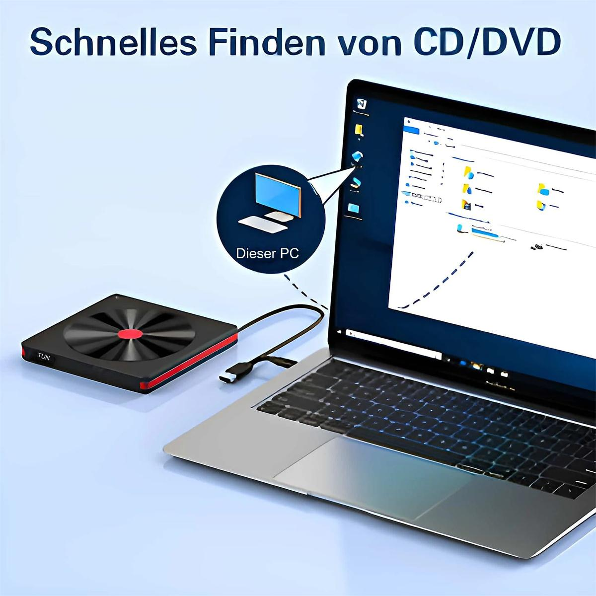 Laptop mit externem CD/DVD-Laufwerk. Der Bildschirm zeigt einen Desktop mit Dateien und einem USB-Kabel.