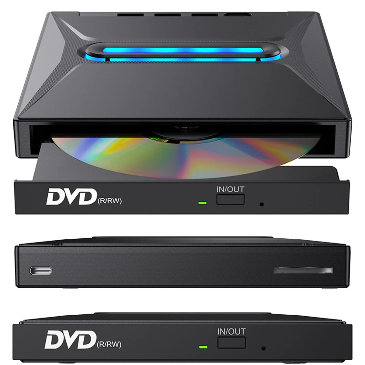 Schwarzes DVD-Laufwerk mit Disc, offen und geschlossen.