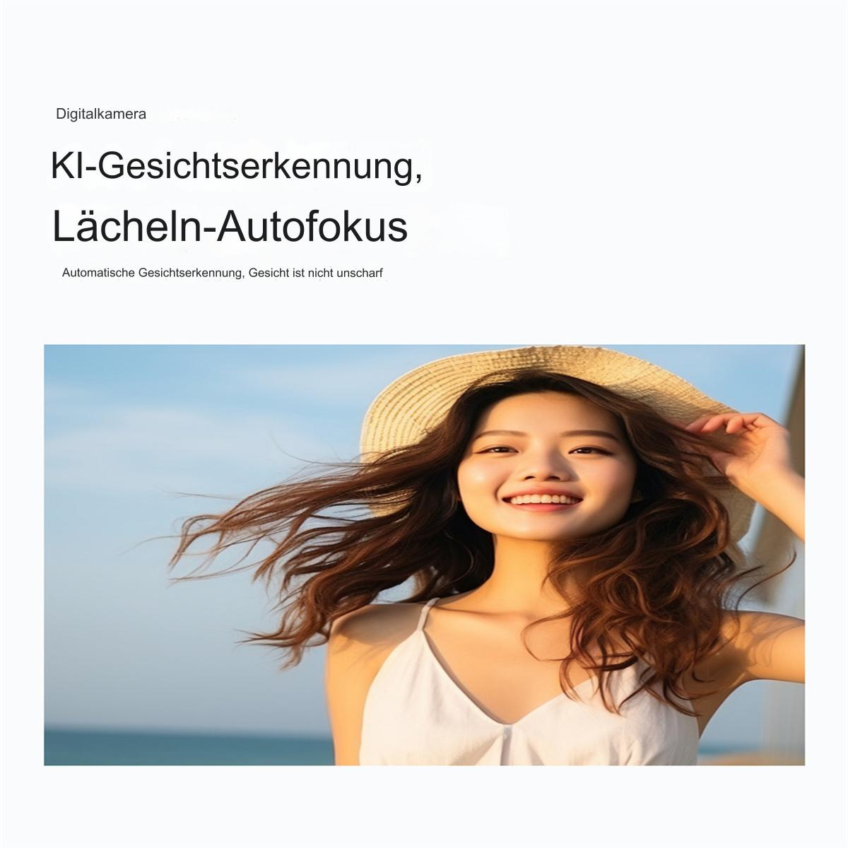 Eine lächelnde Frau mit Hut am Strand, mit Text oben.