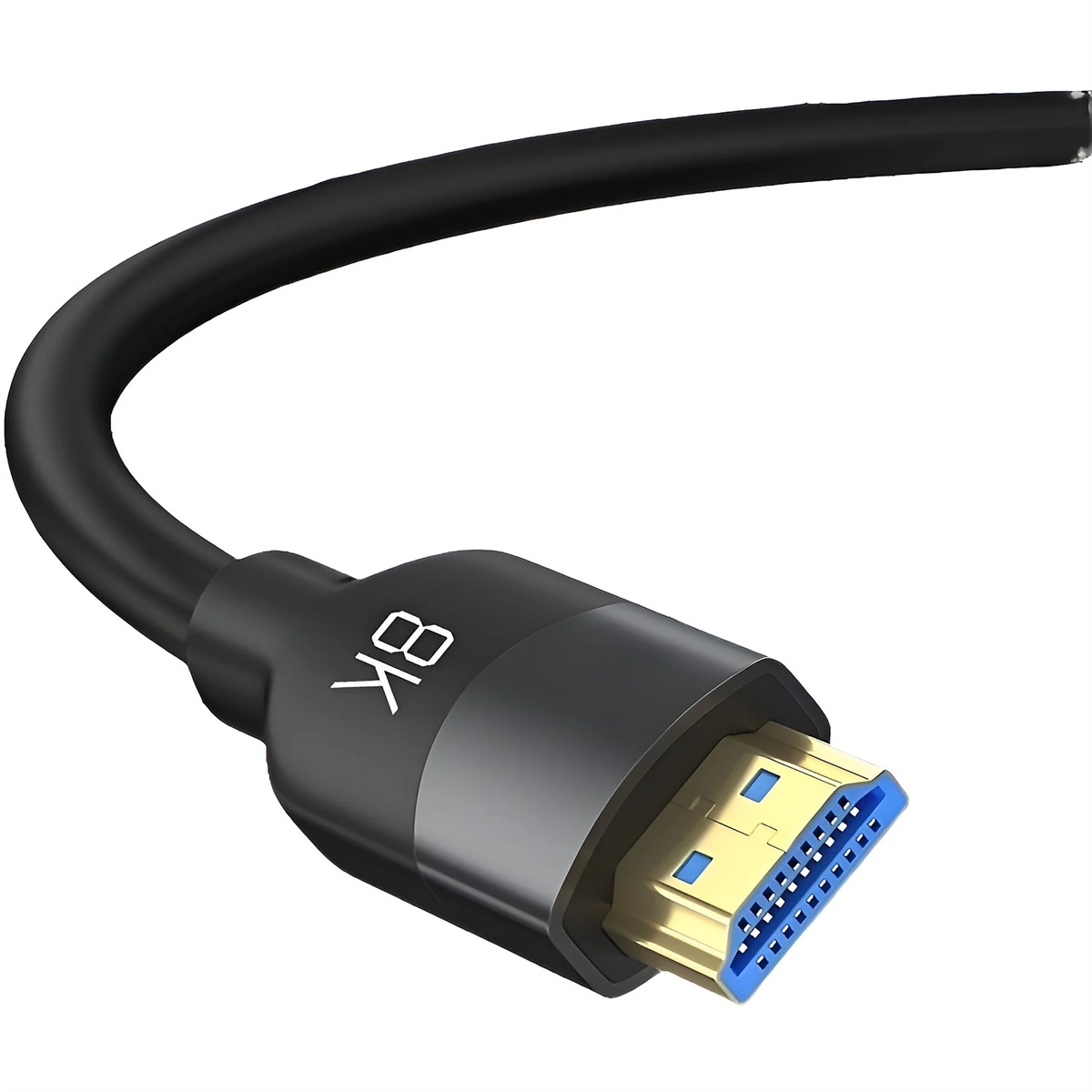Schwarzes HDMI-Kabel mit 8K-Kennzeichnung und blauem Stecker. Weißer Hintergrund.