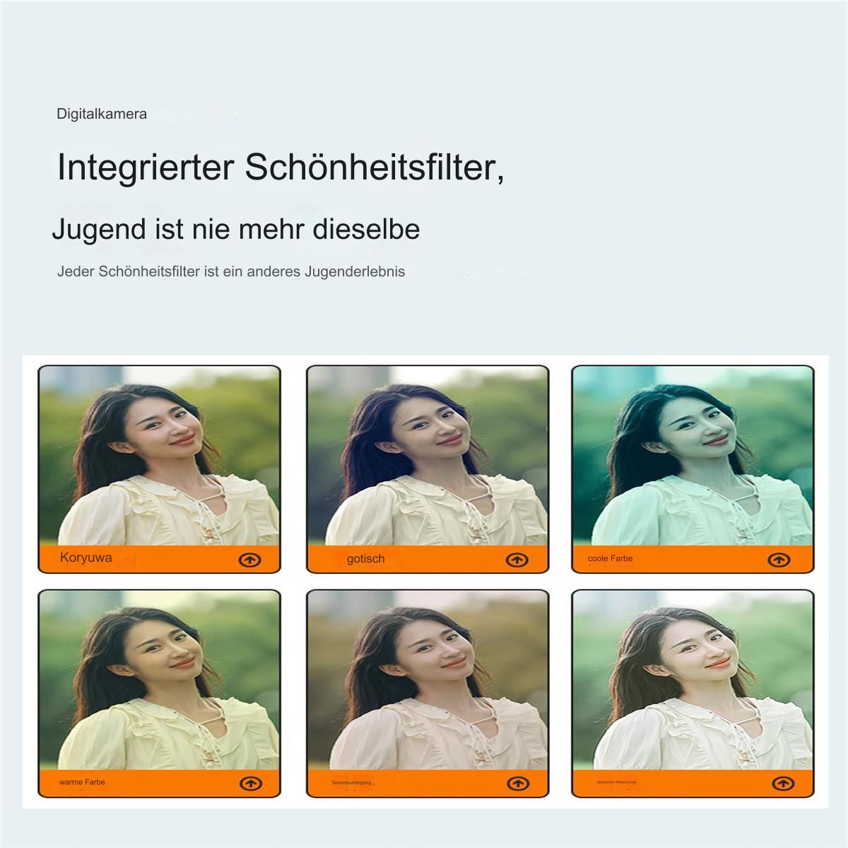 Sechs Fotos von Frauen mit unterschiedlichen Schönheitsfiltereffekten. Text: Schönheitsfilter.
