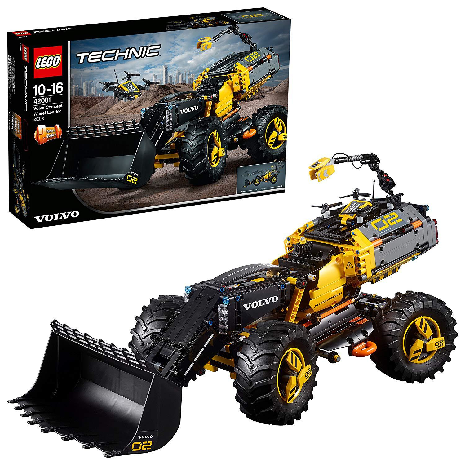 Zabawka Lego Technic Volvo ładowarka kołowa z pudełkiem w tle.