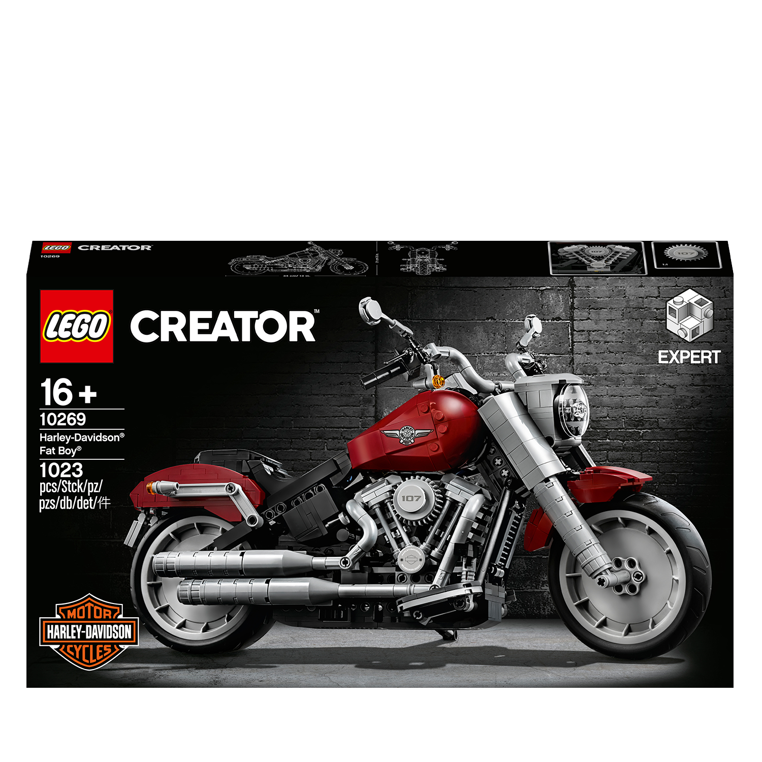 Lego Creator Harley-Davidson Fat Boy Motorrad-Box-Set. Rote und silberne Details. Schwarzer Hintergrund.