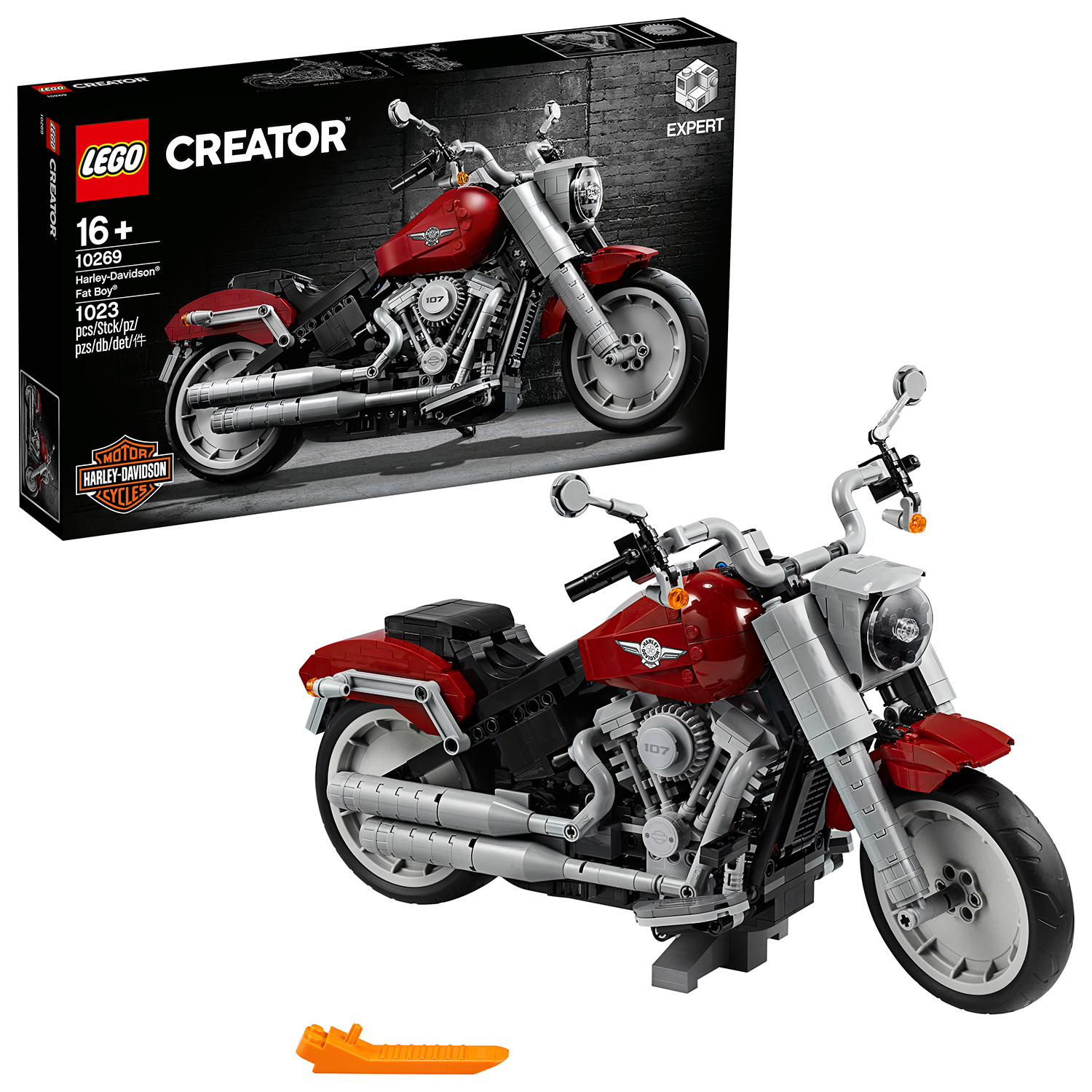 Ein Lego Harley-Davidson Motorradmodell und seine Box werden angezeigt. Das Motorrad ist rot und schwarz.