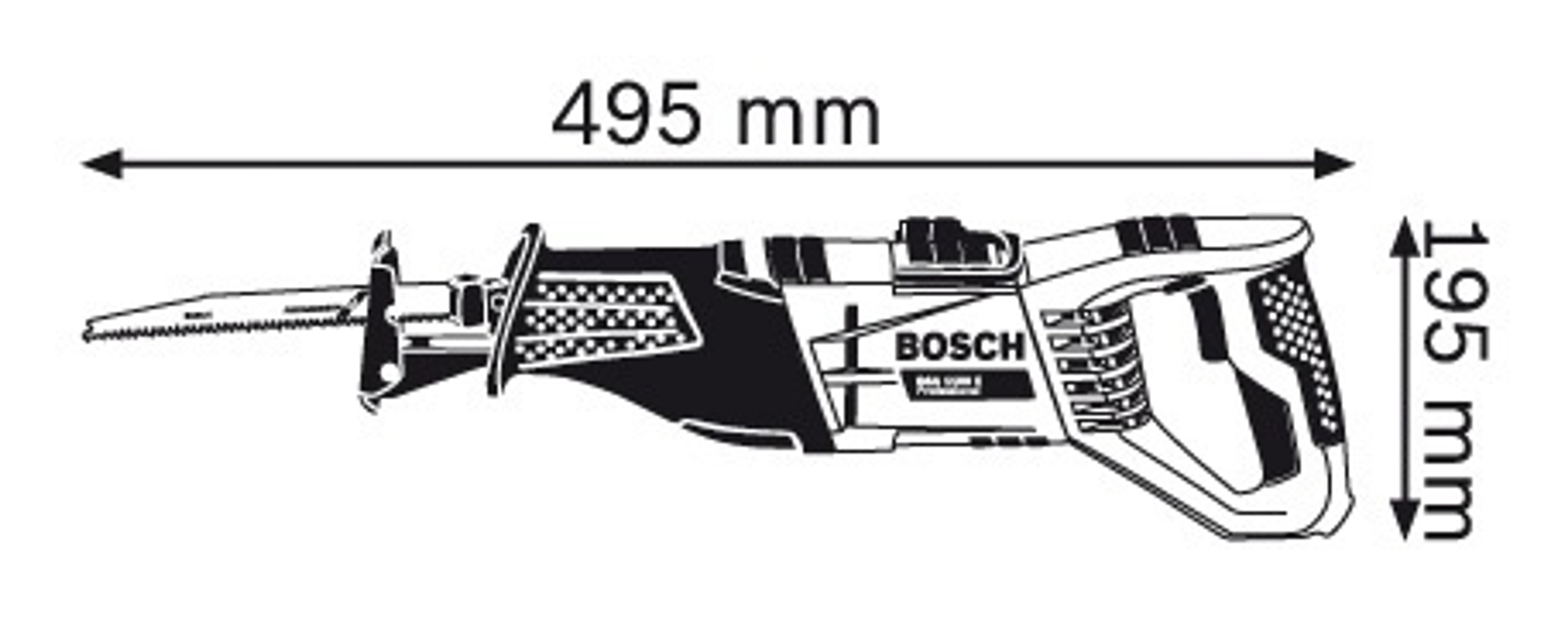 Czarno-biała grafika piły szablastej Bosch z wymiarami: 495 mm długości, 195 mm wysokości.