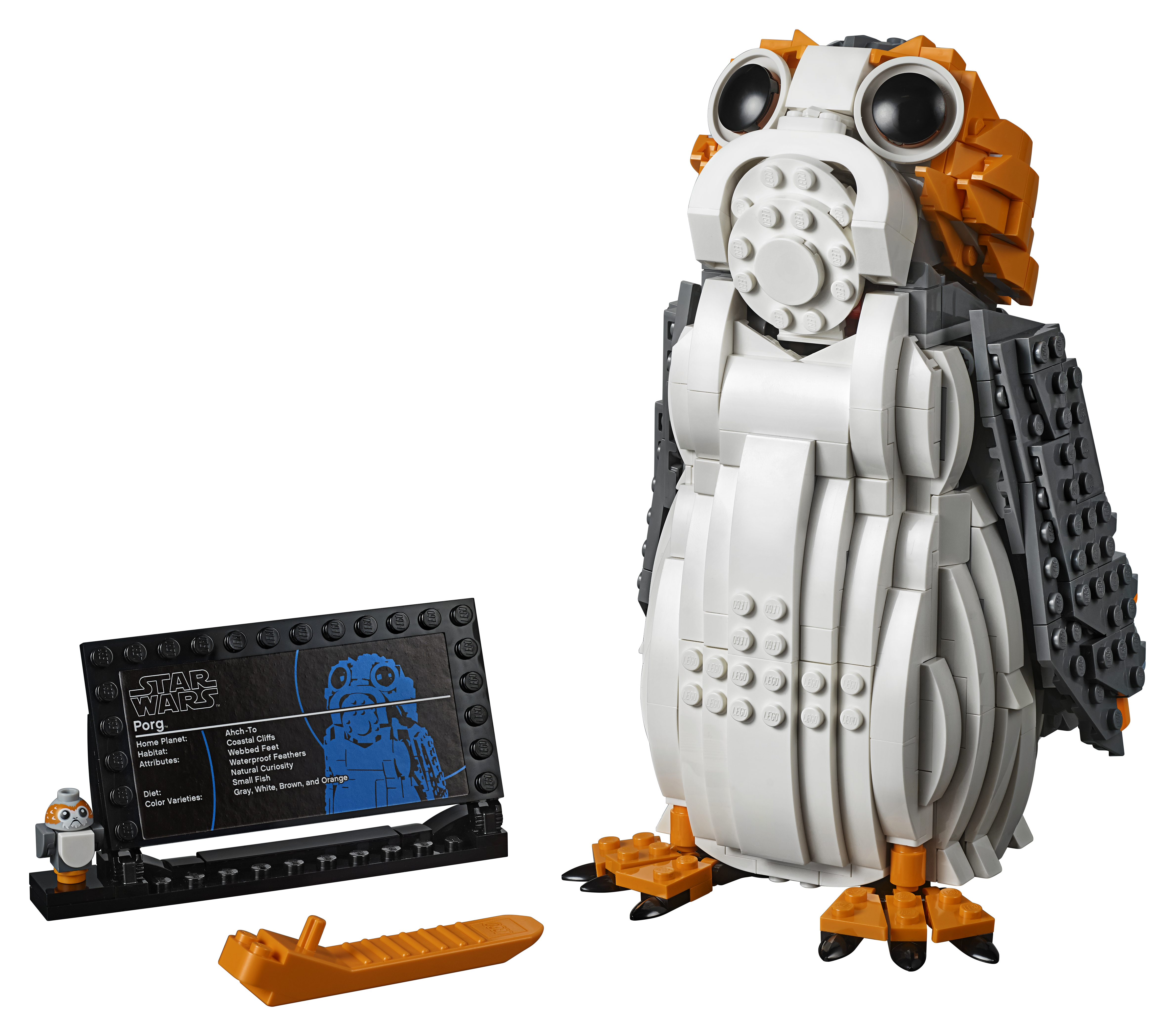 Model LEGO Star Wars Porg. Zawiera minifigurkę Porg i kartę informacyjną.