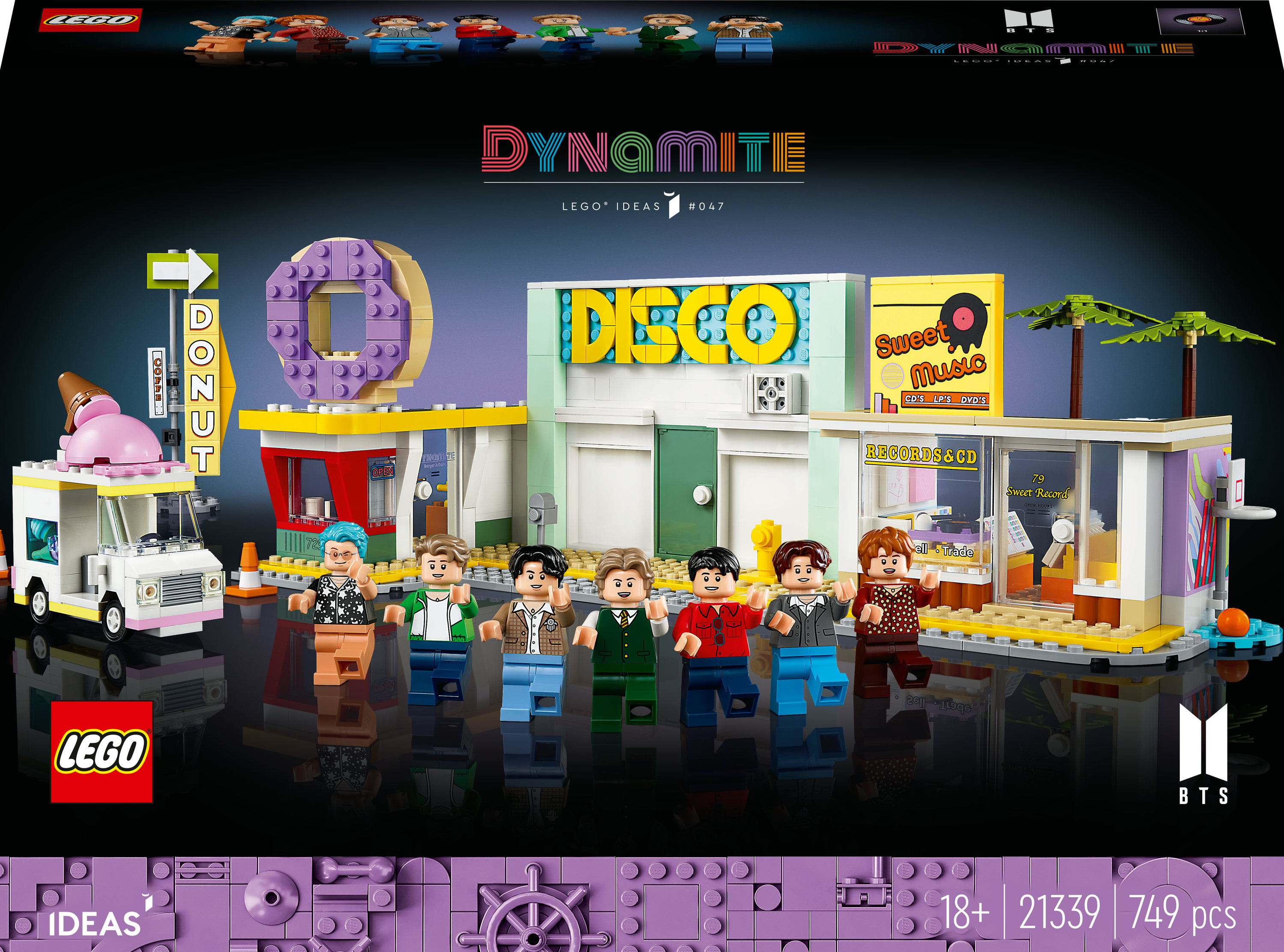 LEGO seti: Binalar, figürler ve bir yemek kamyonu ile BTS Dynamite temalı set.