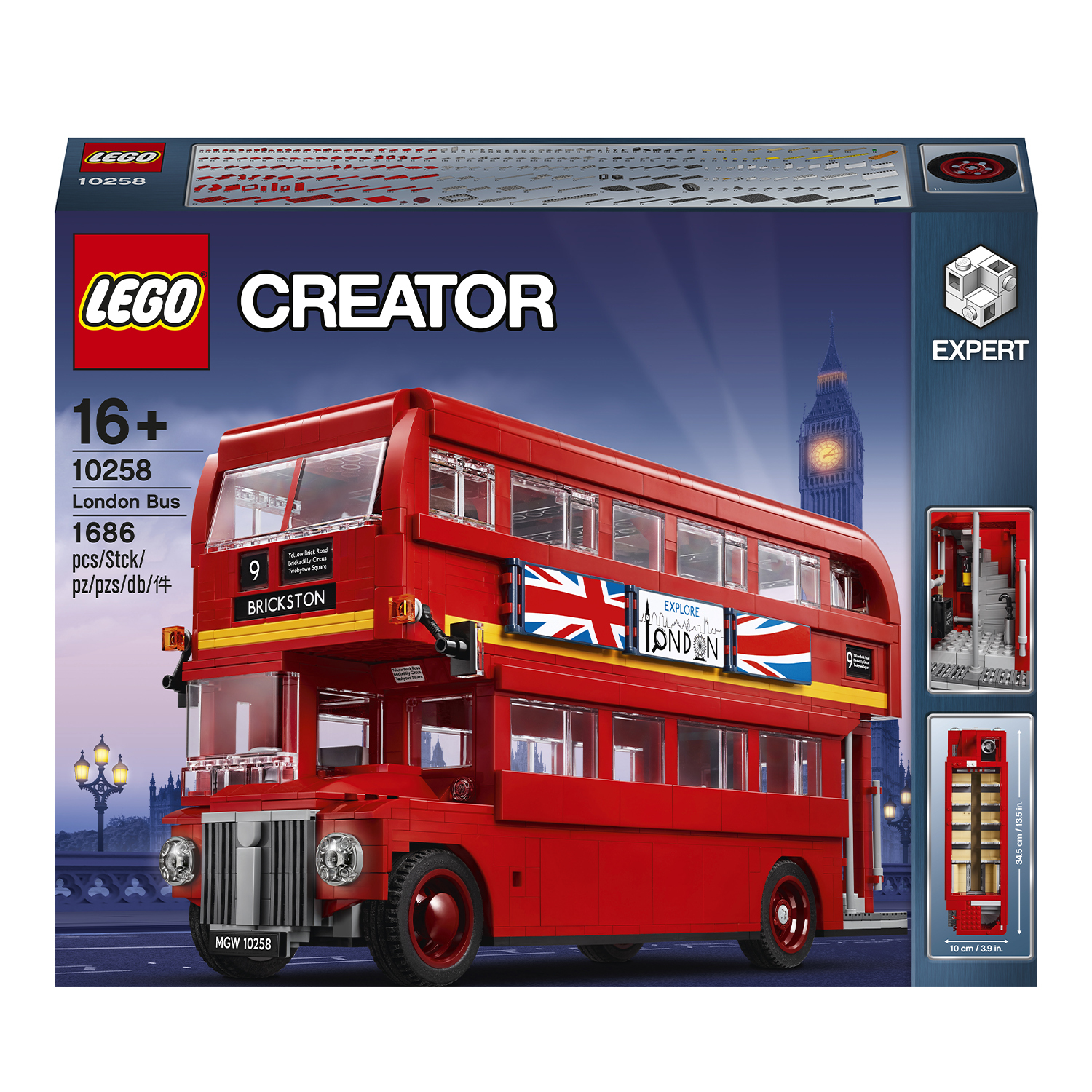 Lego London Bus. Czerwony piętrowy autobus z flagą Union Jack. Pudełko zawiera szczegóły.
