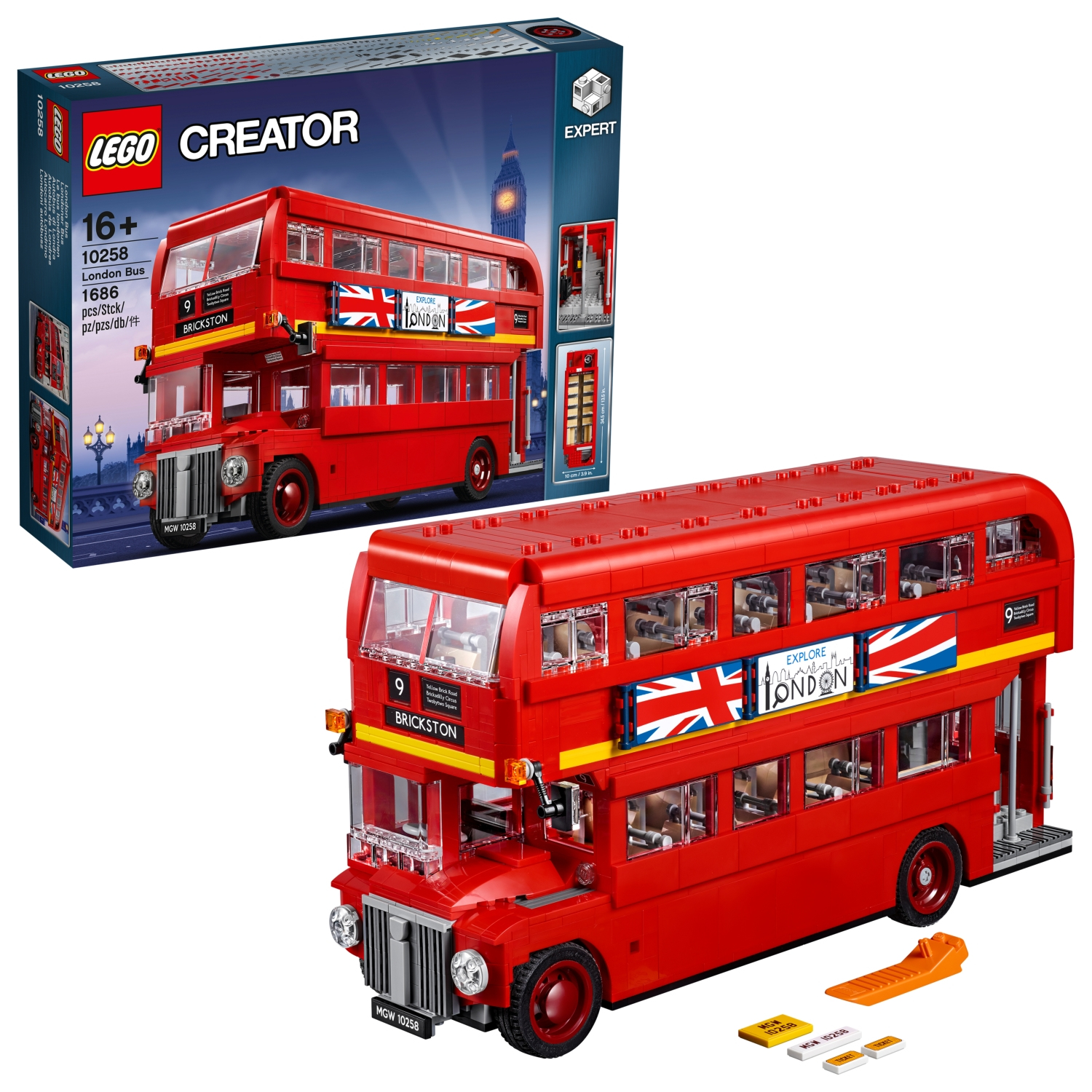 Czerwony model autobusu Lego London z pudełkiem. Autobus ma dwa piętra i wiele okien.