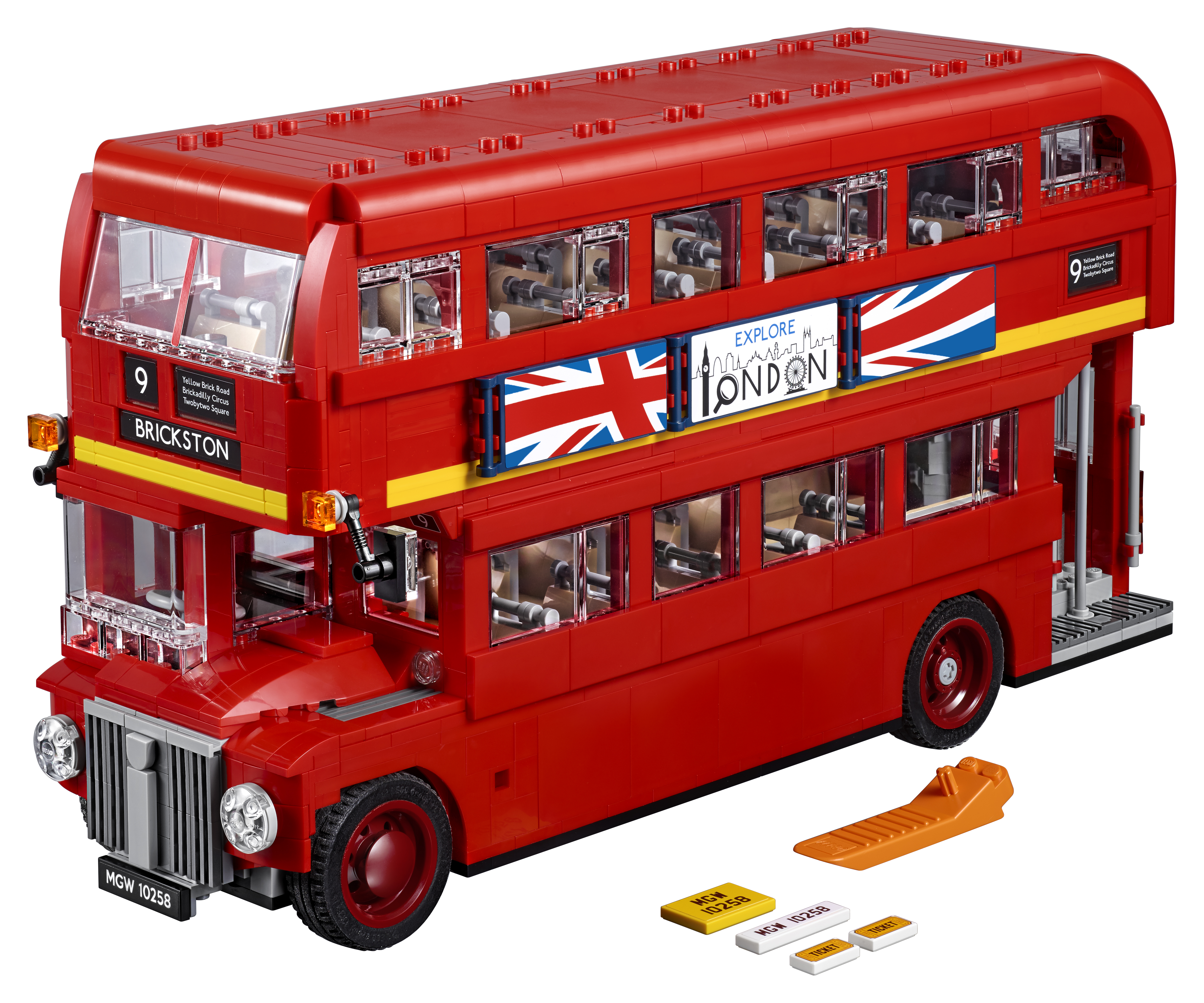 Autobus piętrowy Lego London. Autobus jest czerwony z różnymi detalami i flagą Union Jack.