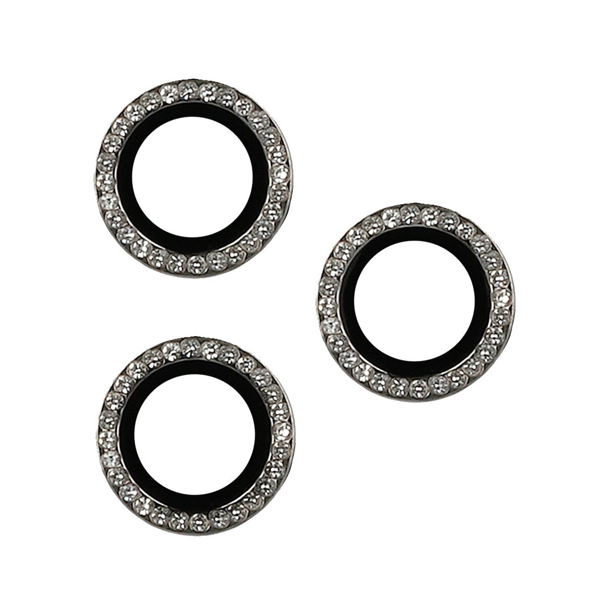 Tre protezioni per lenti della fotocamera argentate con strass, su sfondo bianco.