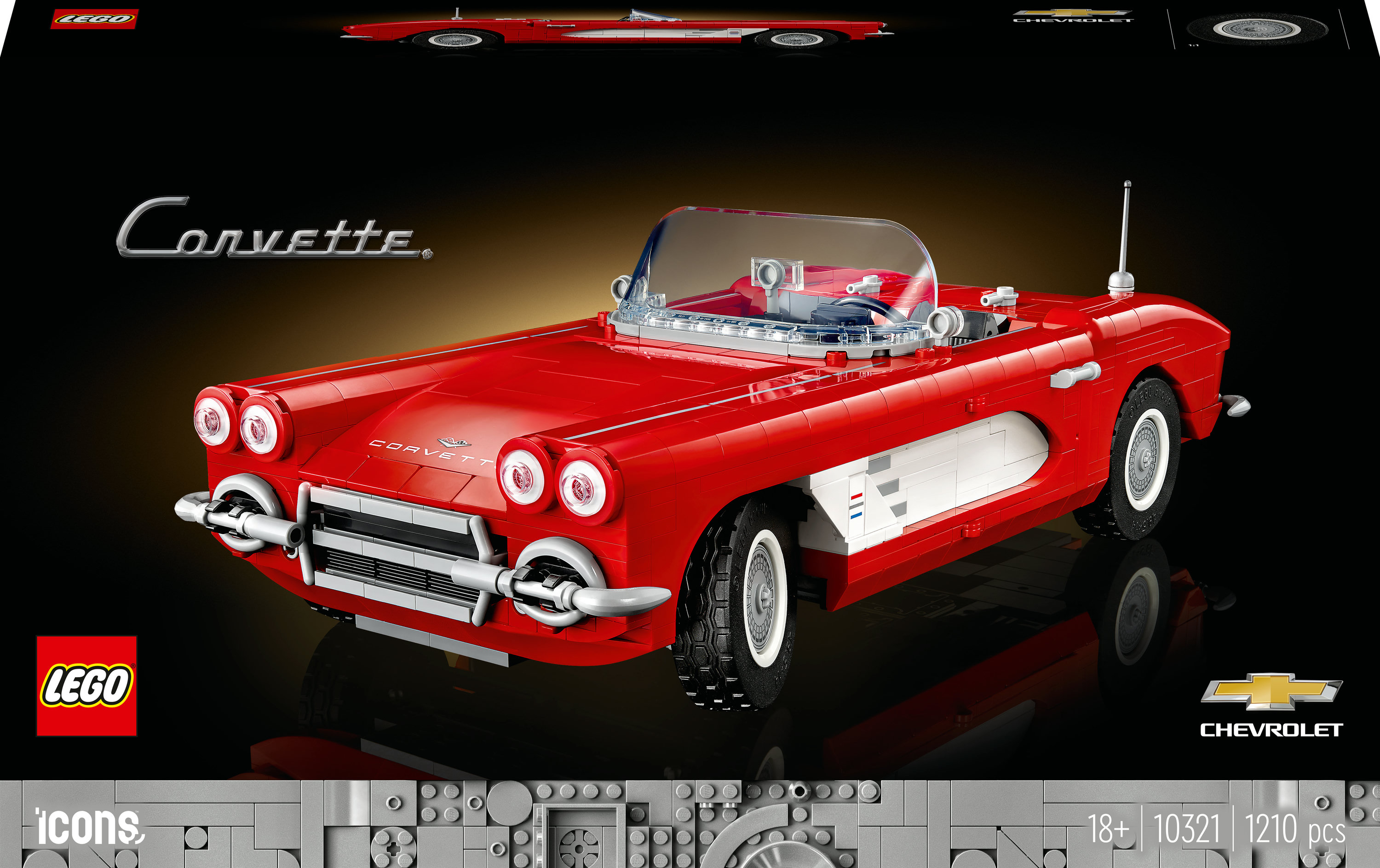 Auto modello Lego Corvette in una scatola. Auto rossa, sfondo nero.