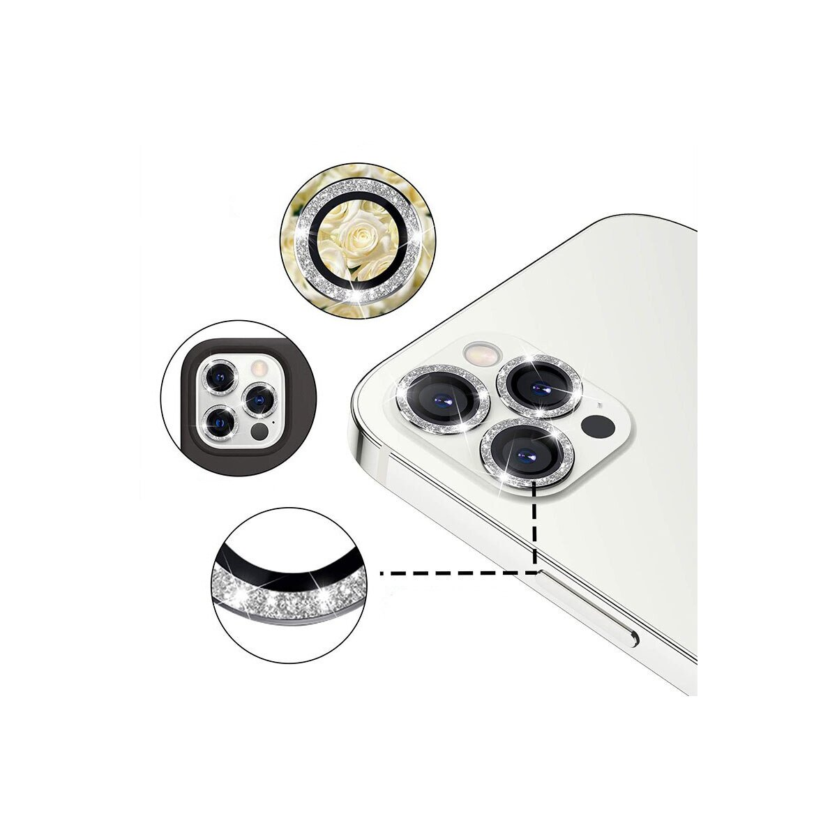 Telefono con protezioni per lenti della fotocamera con diamanti, con dettagli. Sfondo bianco.