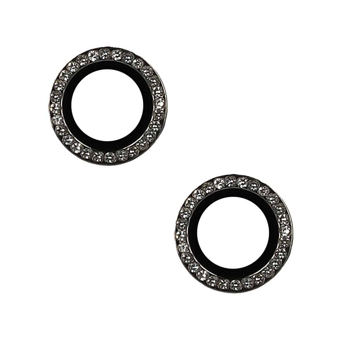Due protezioni per lenti della fotocamera con diamanti. Sfondo bianco.