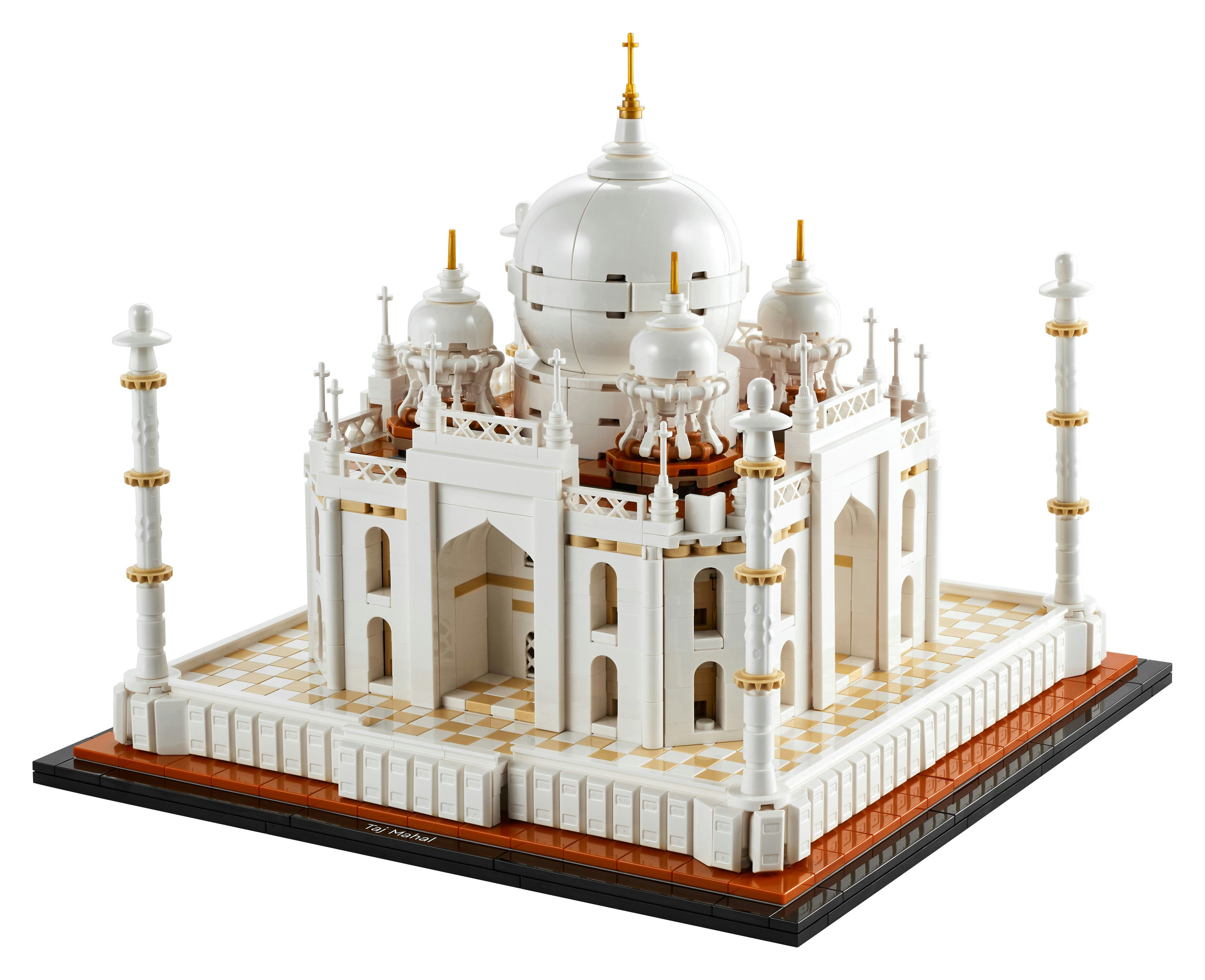 Biały model Lego Taj Mahal. Ma kilka kopuł i minaretów na brązowej podstawie.