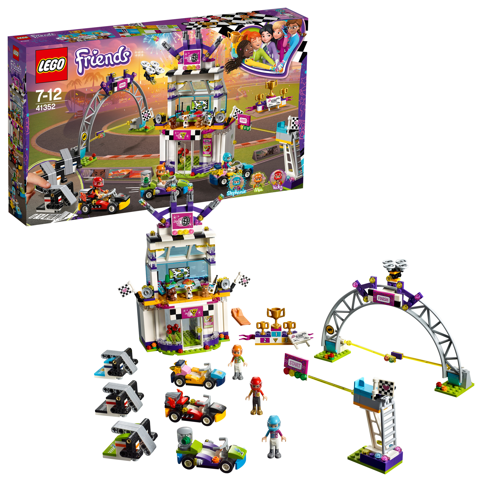 Set da pista Lego Friends con auto e personaggi. Sfondo bianco.
