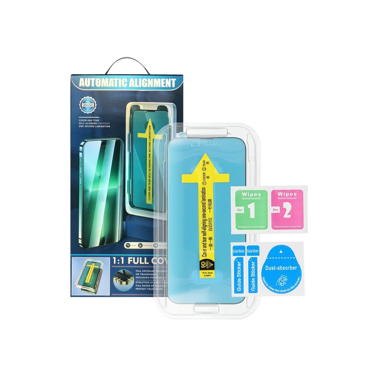 Kit protezione schermo telefono con salviette e istruzioni.