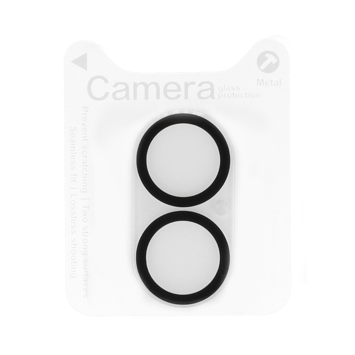Protezione lente fotocamera su sfondo bianco. Due cerchi neri.