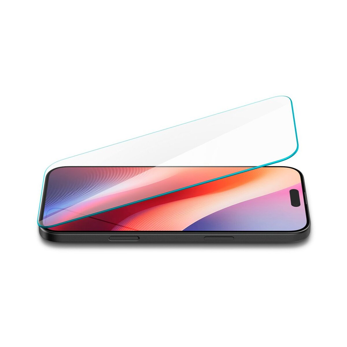 Telefono con protezione schermo sopra. Bordo blu attorno alla protezione schermo. Sfondo bianco.