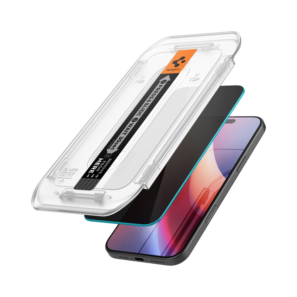 Telefon z ochraniaczem ekranu w białym zestawie wyrównującym. Telefon jest w zestawie.