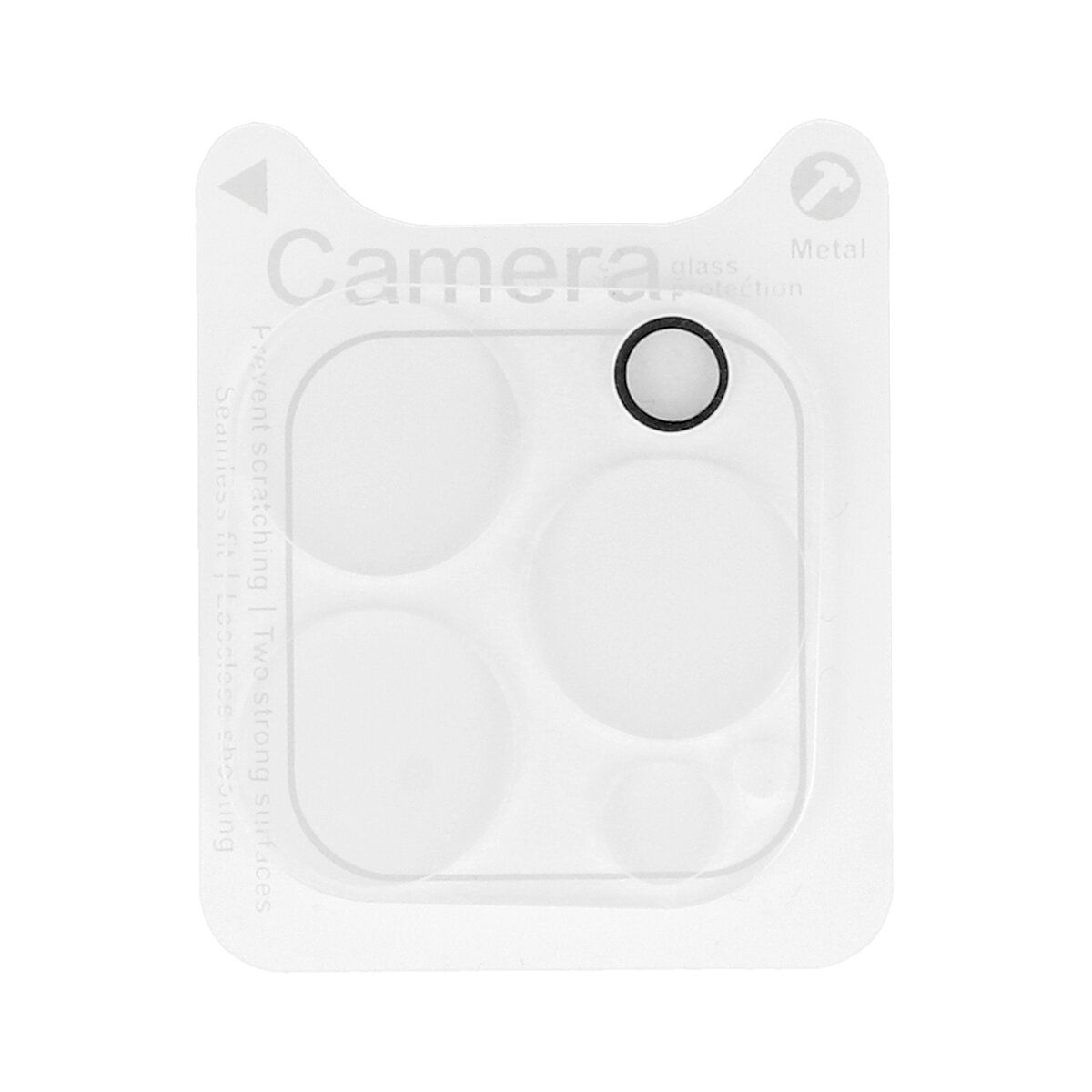 Un proteggi-obiettivo per fotocamera in plastica bianca con un cerchio nero, su sfondo bianco.