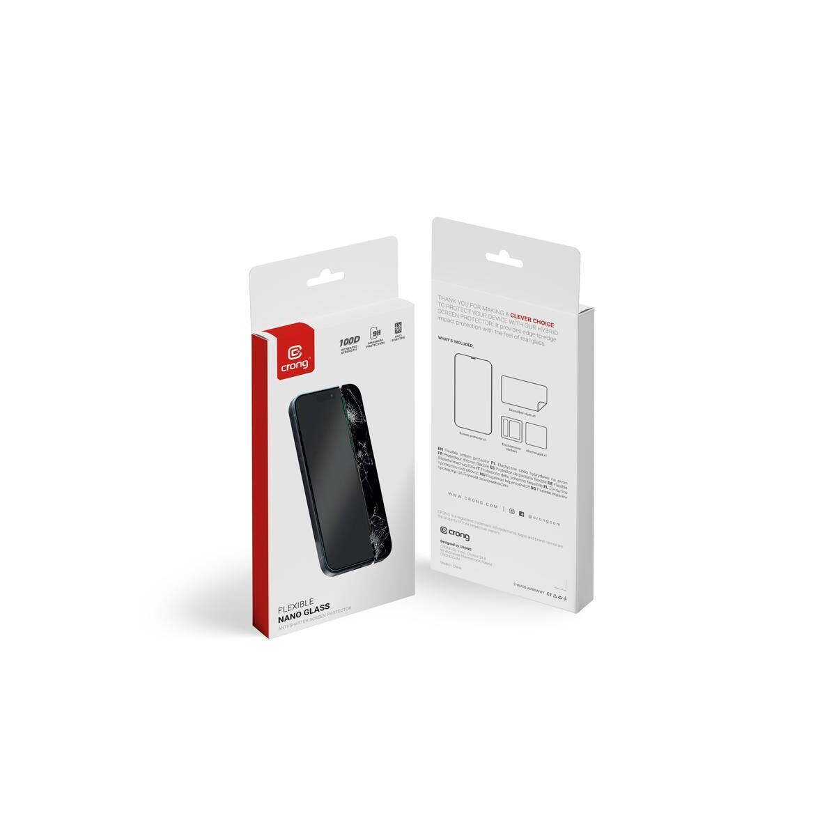Doos met telefoonafbeelding. Het is een flexibele nano glazen schermbeschermer. De doos is rood en wit.