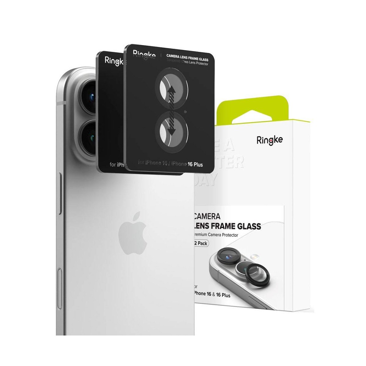 iPhone 16 Plus con protezioni per lenti della fotocamera, confezione e marchio Ringke.