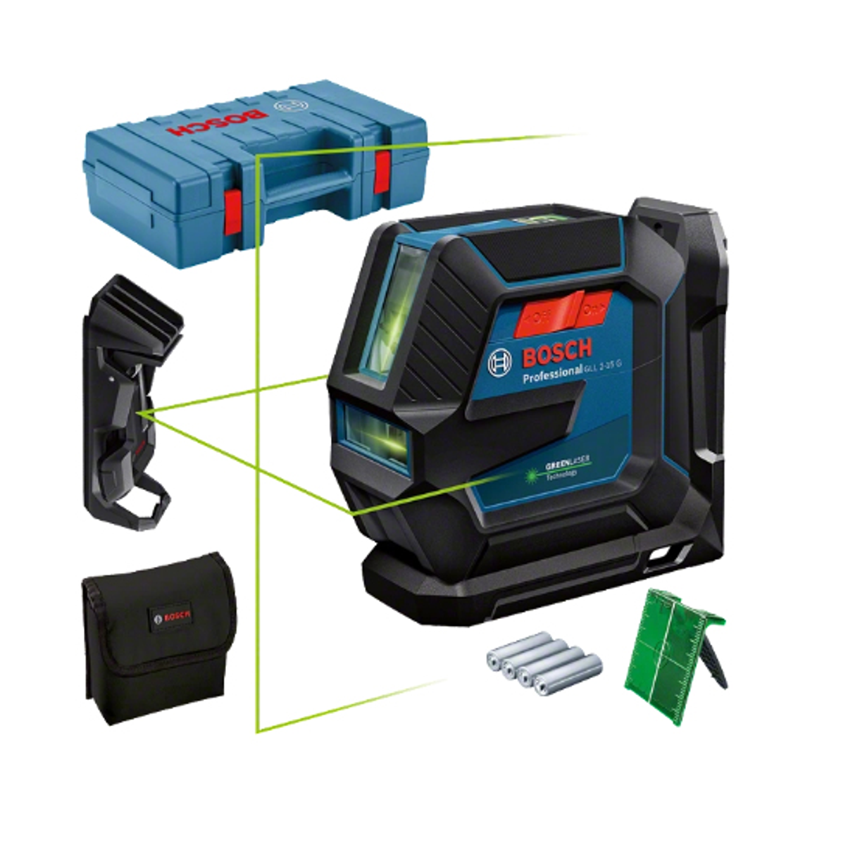 Kit nivel láser Bosch con accesorios. Caja azul, bolsa negra, soporte y objetivo verde.