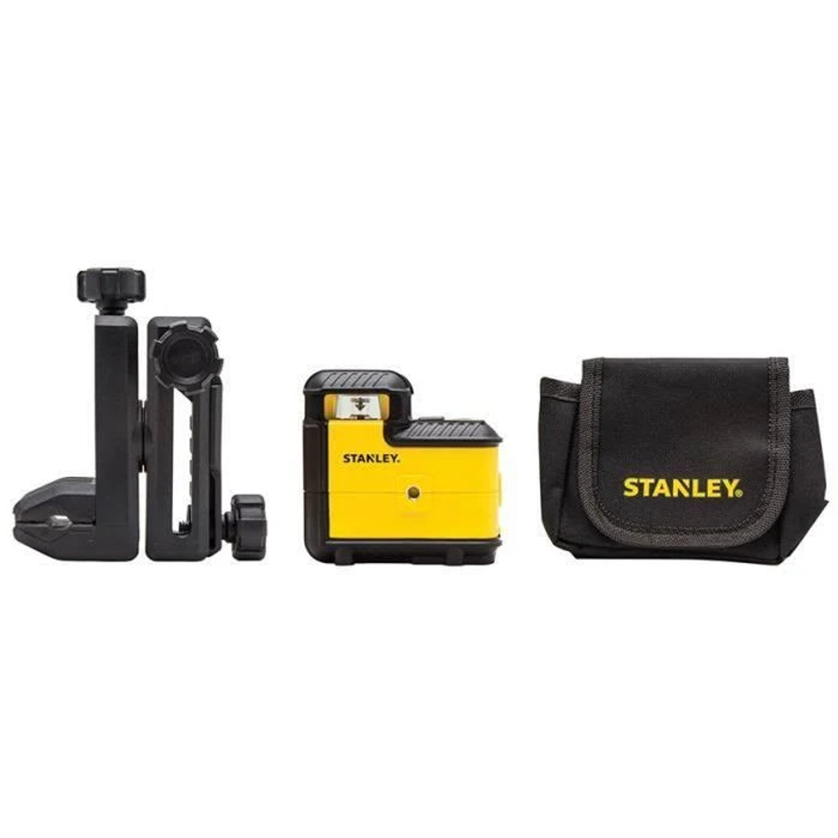 Żółty poziomica laserowa Stanley z akcesoriami i czarnym etui.