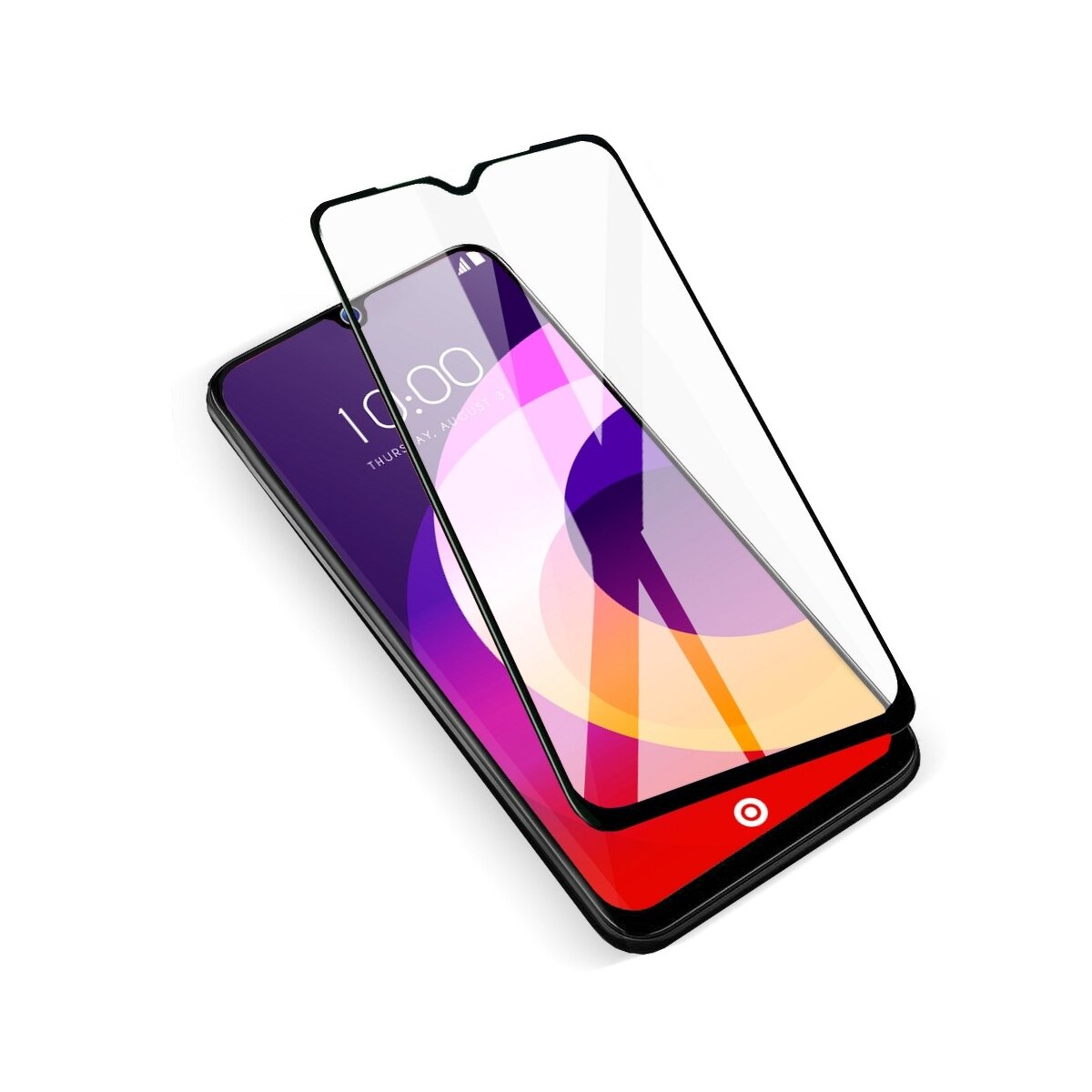 Un telefono con una protezione per lo schermo applicata, che mostra un orologio e uno sfondo bianco.