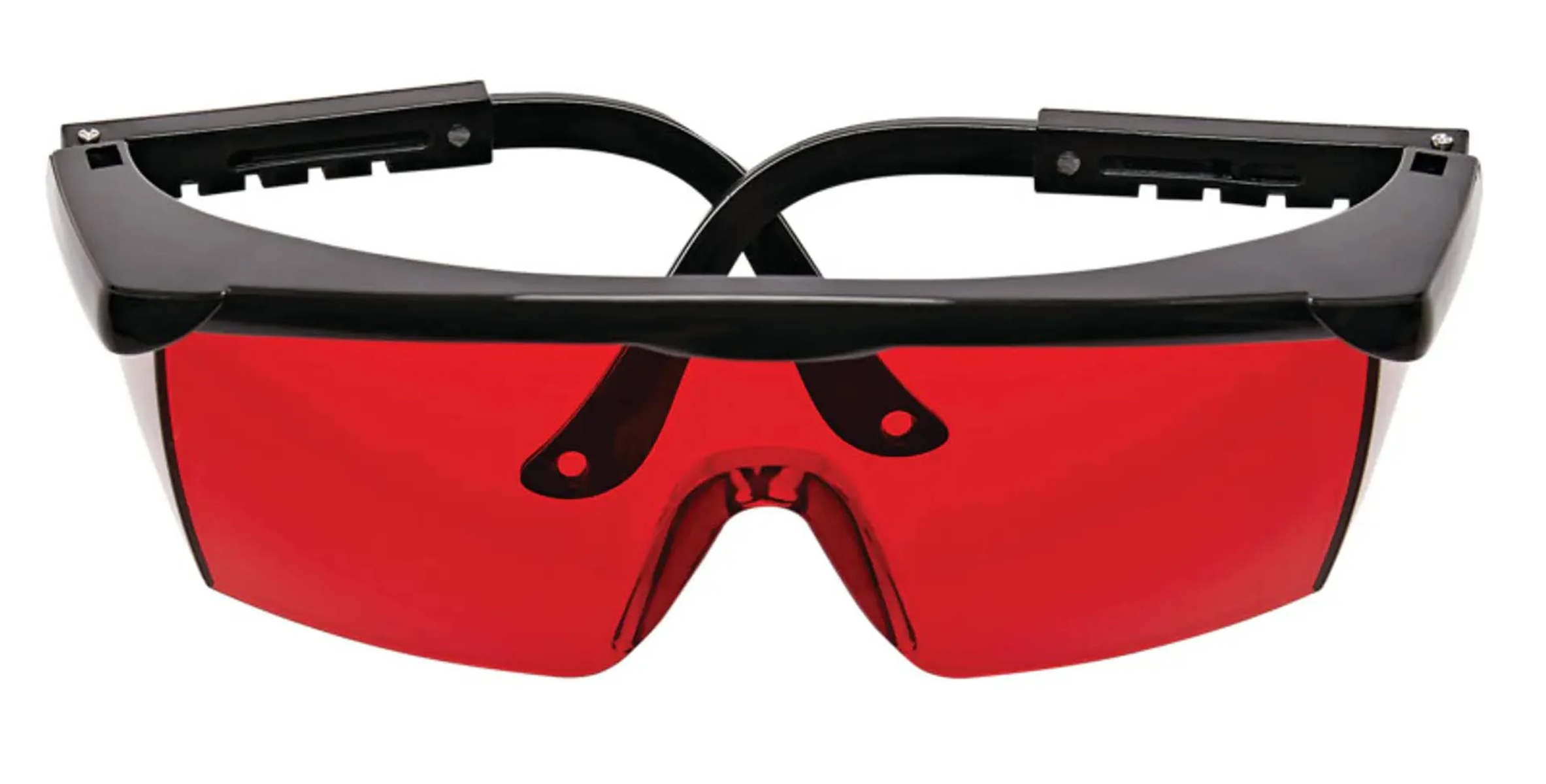 Czerwone okulary ochronne z czarnymi oprawkami, zaprojektowane do ochrony oczu.