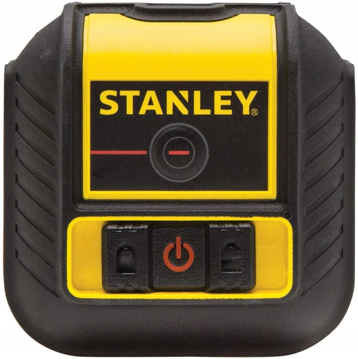 Żółto-czarny poziomica Stanley z przyciskami i nazwą marki Stanley.