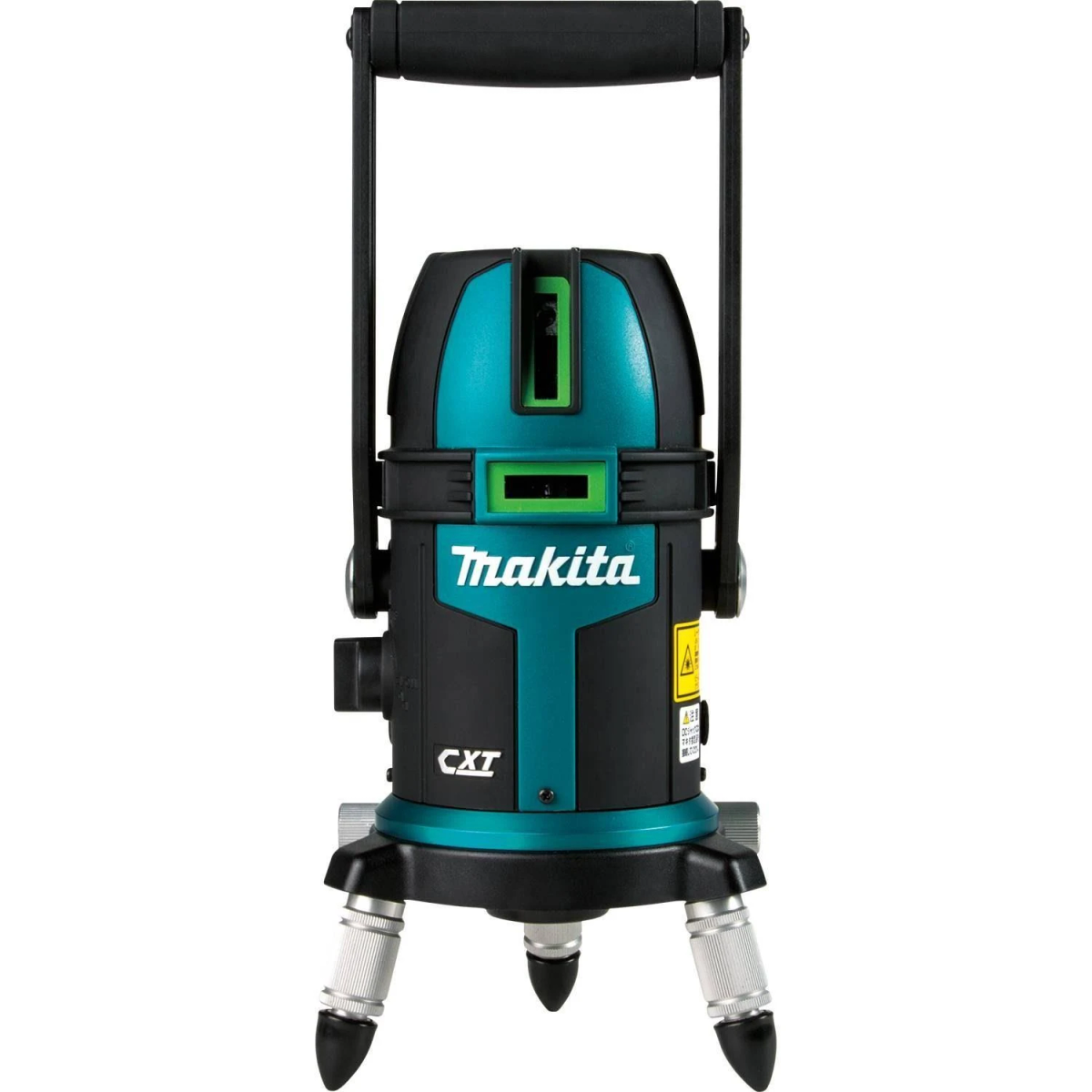 Schwarzes und blaugrünes Makita-Laser-Nivelliergerät mit Griff und Beinen. Das Makita-Logo ist sichtbar.