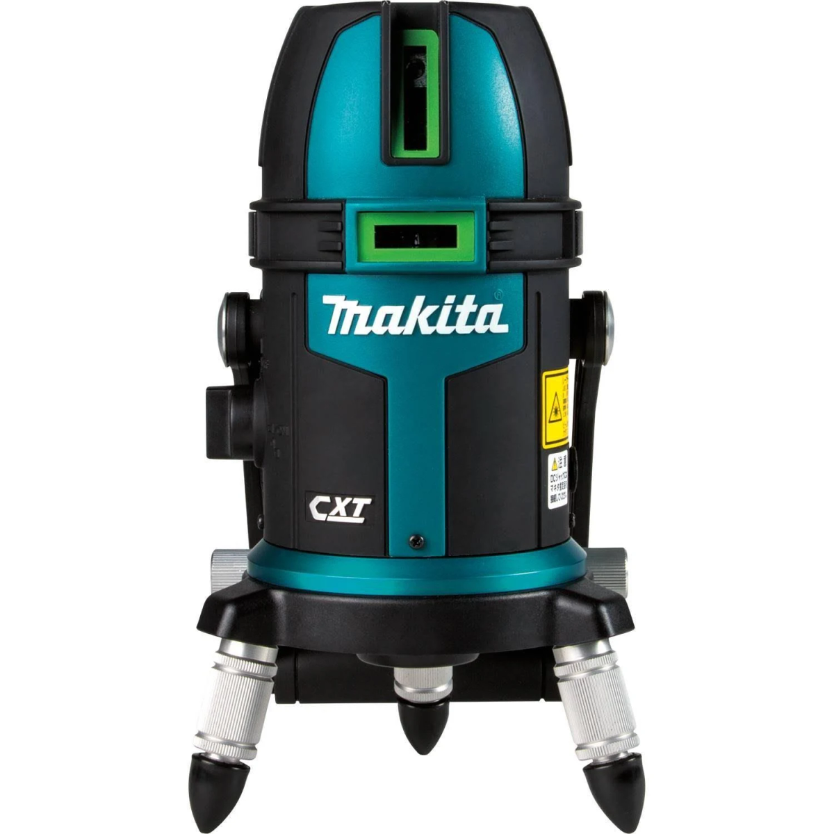 Makita Laser-Nivellierwerkzeug. Es hat schwarze und teal Farben und ist auf weißem Hintergrund.