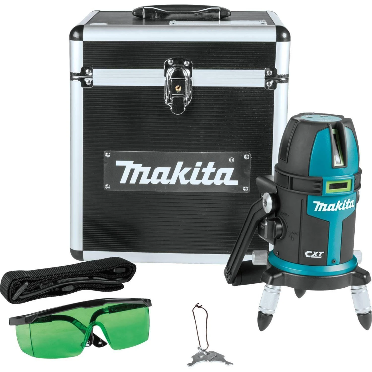 Ein Makita Laser-Nivellierset. Es enthält einen Koffer, Laserbrillen, einen Gurt und Zubehör. Schwarz und teal.