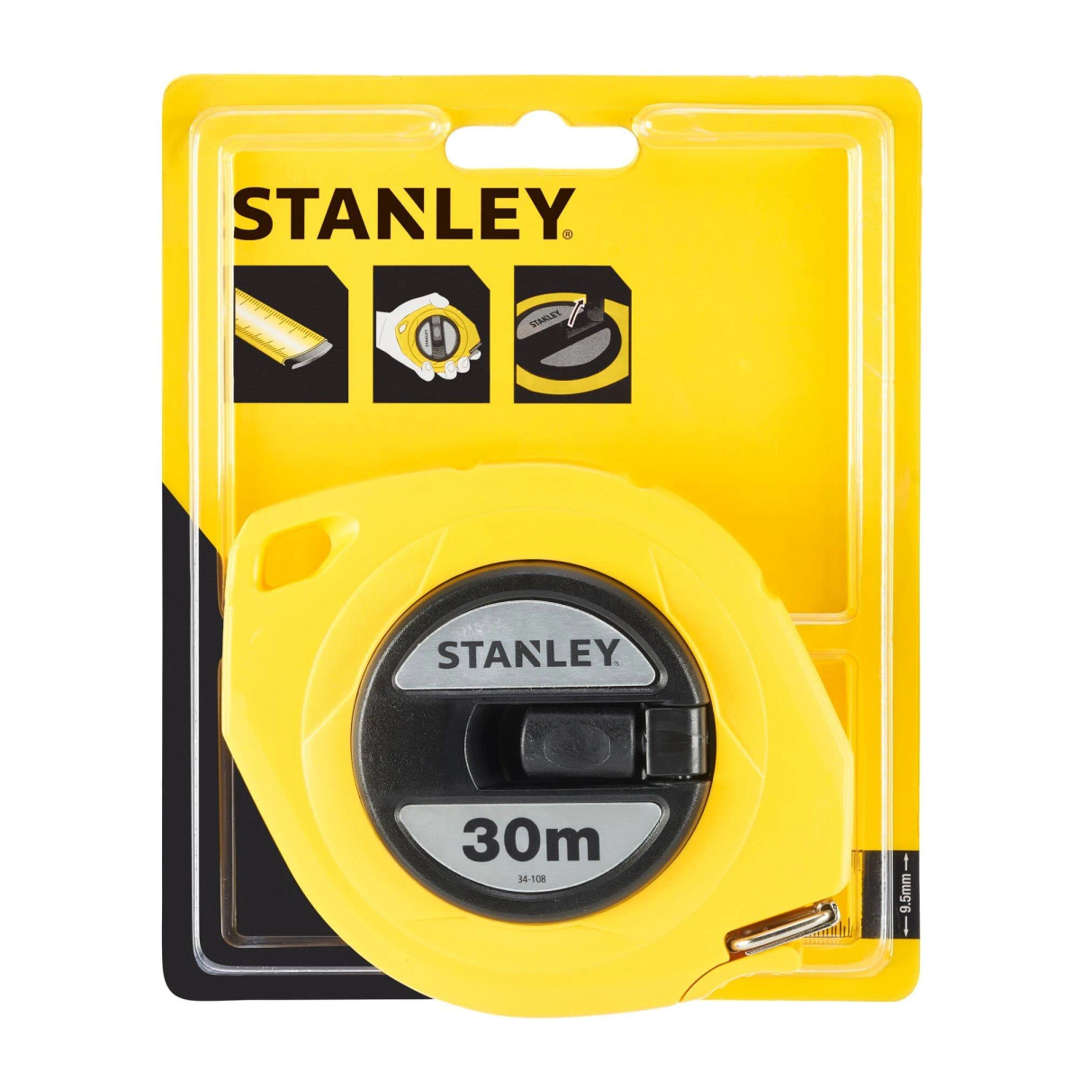 Un metro a nastro Stanley giallo in una custodia di plastica, con confezione gialla e bianca.